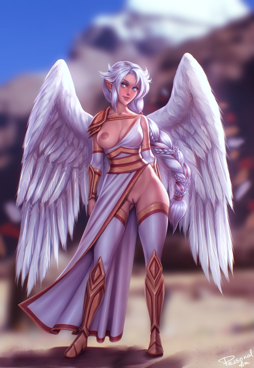 angel armor bottomless breasts cassandra_(personal_ami) nipples no_bra personal_ami pussy thighhighs uncensored wings