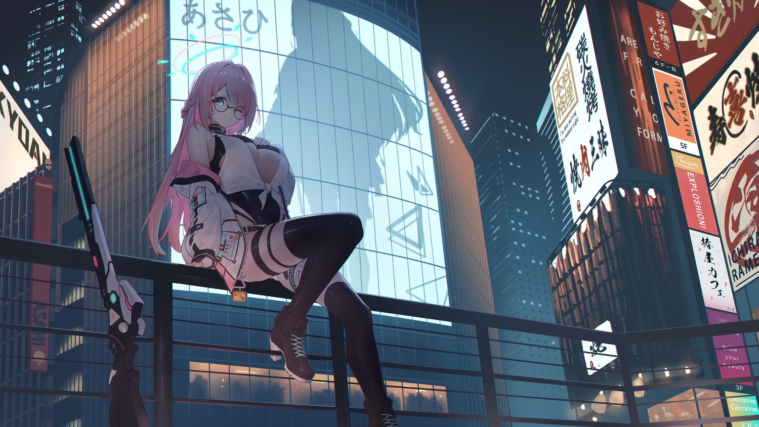 angel garter gun heels landscape lantian_lanz megane no_bra see_through silhouette thighhighs