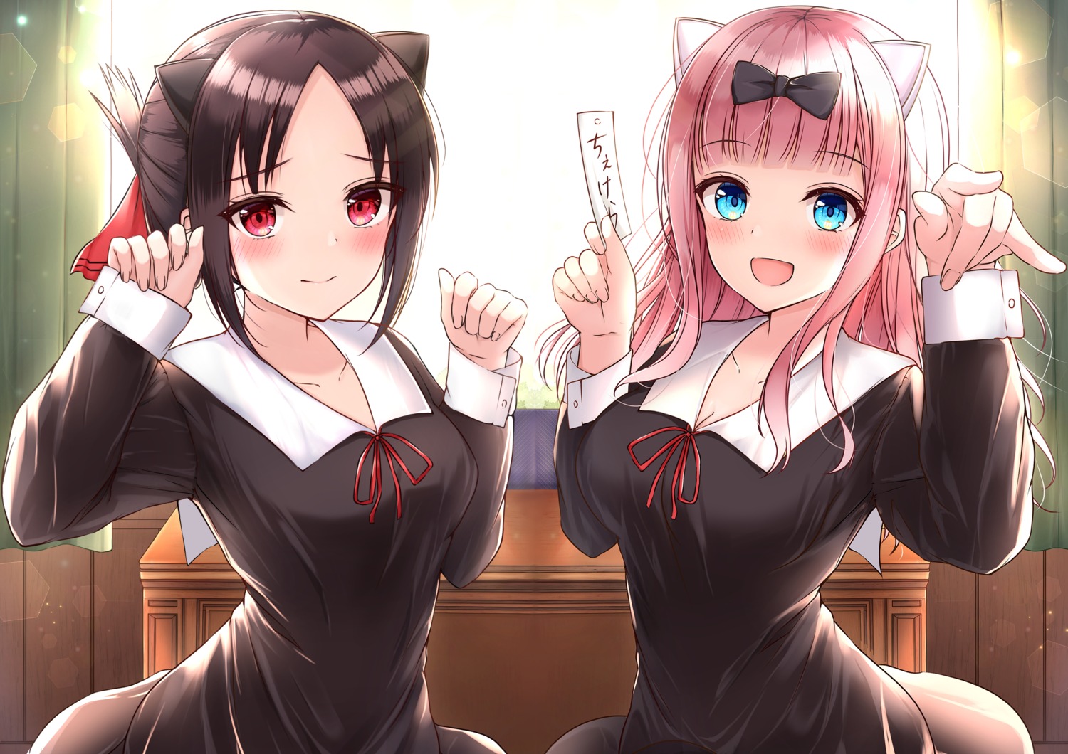 animal_ears cleavage fujiwara_chika kaguya-sama_wa_kokurasetai_~tensai-tachi_no_renai_zunousen~ nekomimi seifuku shinomiya_kaguya yukiunag1