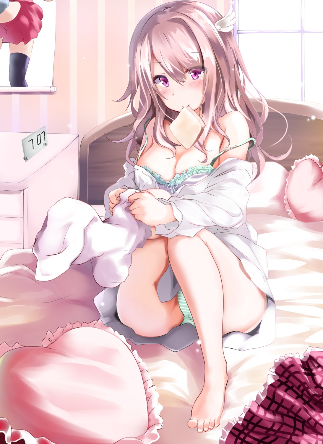 bra cameltoe dress_shirt feet kuromiko_shoujo open_shirt pantsu shimapan thighhighs