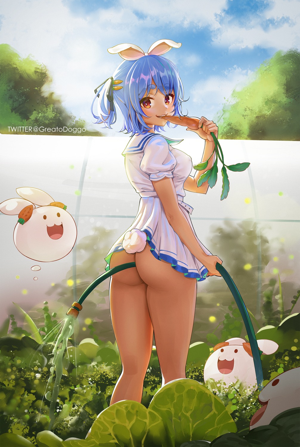 animal_ears ass bunny_ears erect_nipples greatodoggo hololive nopan seifuku skirt_lift tail usada_pekora