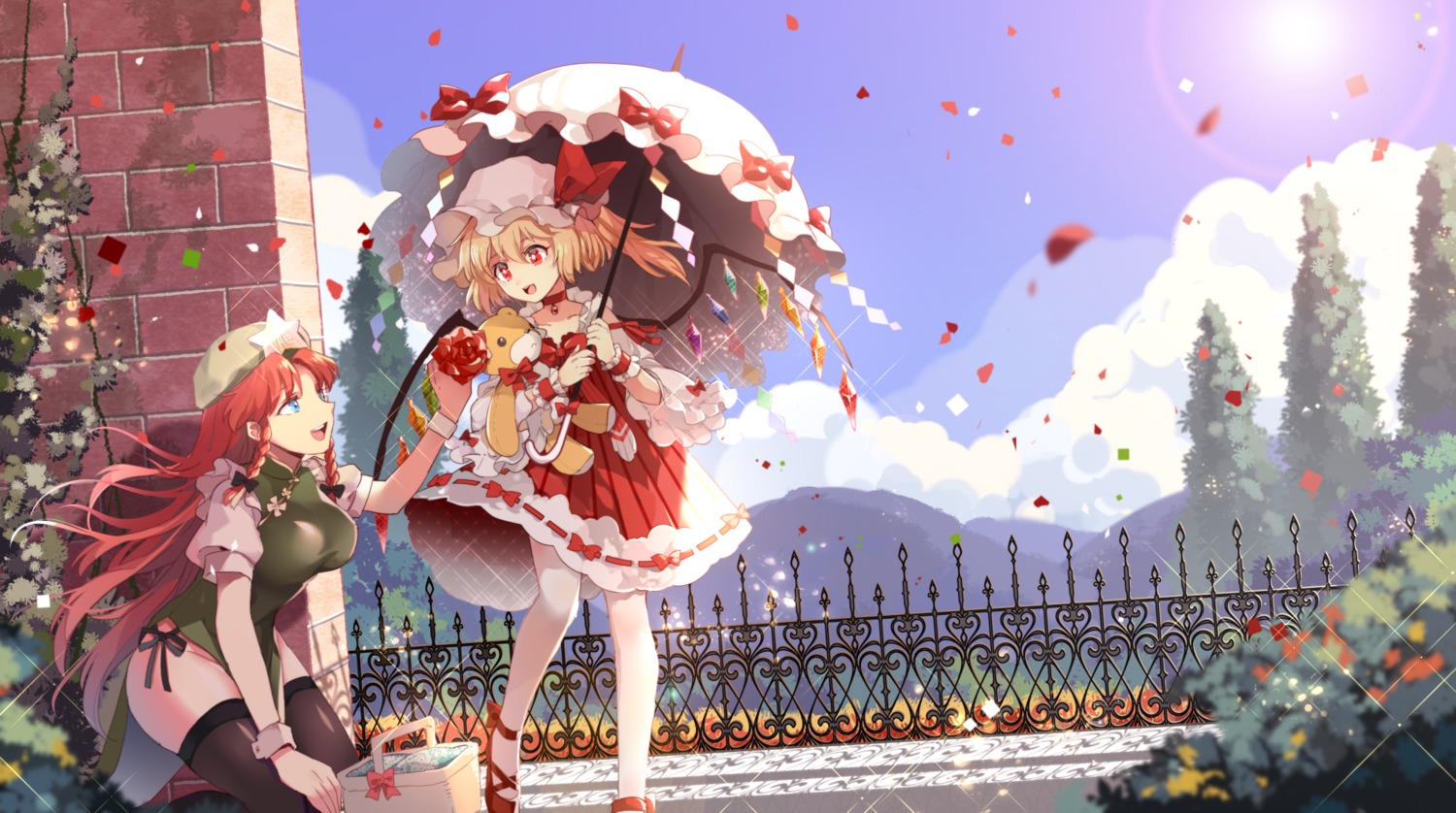 flandre_scarlet hong_meiling kaze_yetworldview pantyhose thighhighs touhou umbrella wings