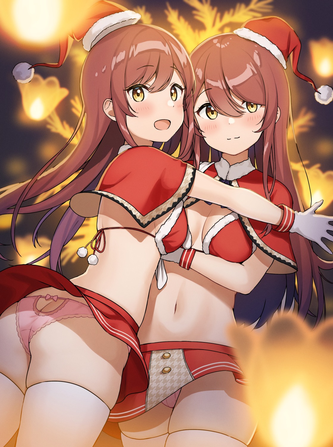 ass bra breast_hold christmas oosaki_amana oosaki_tenka pantsu shimapan skirt_lift the_idolm@ster the_idolm@ster_shiny_colors thighhighs thong wanimaru