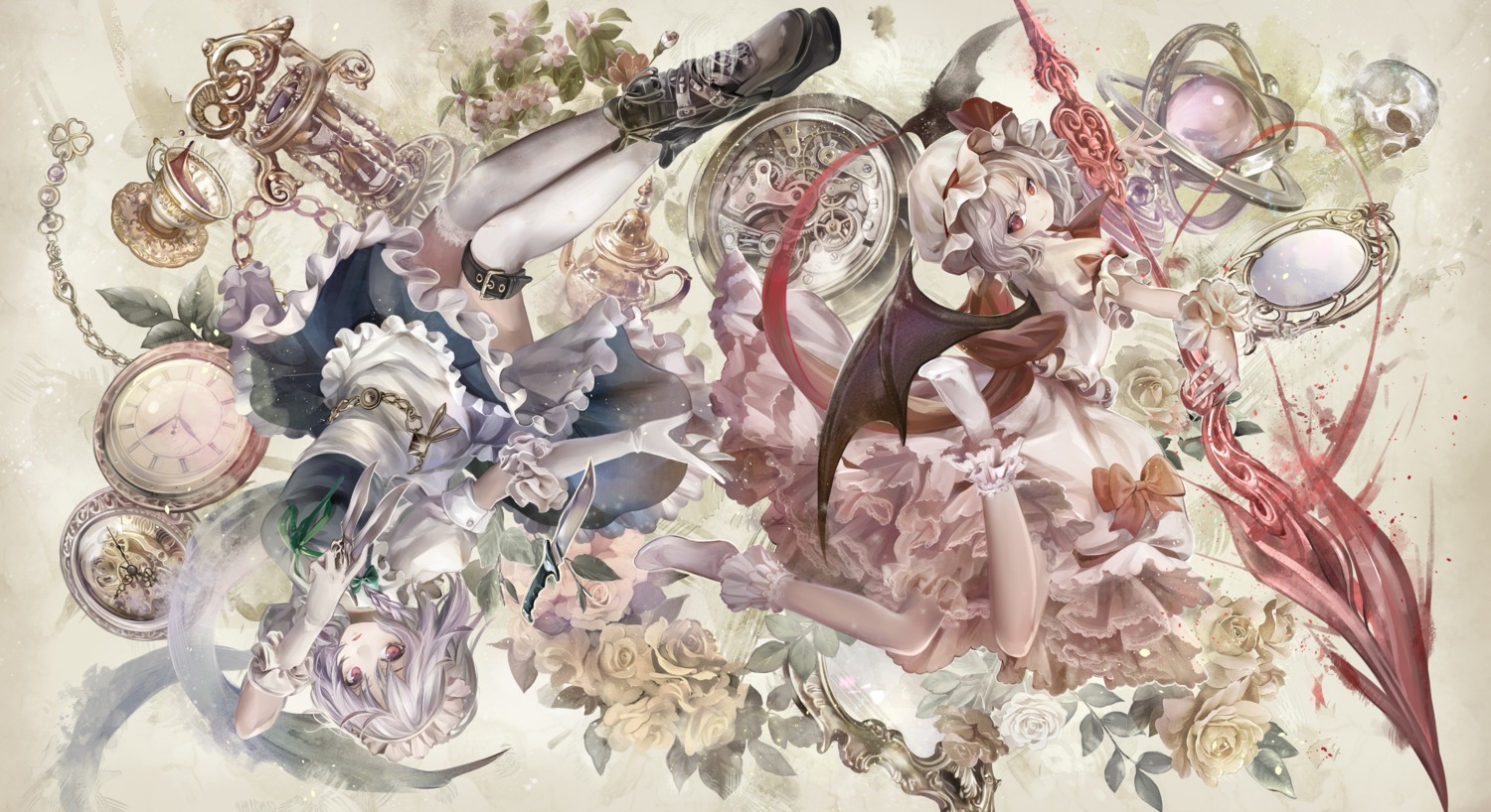 garter izayoi_sakuya maid remilia_scarlet skirt_lift thighhighs torino_akua touhou weapon wings