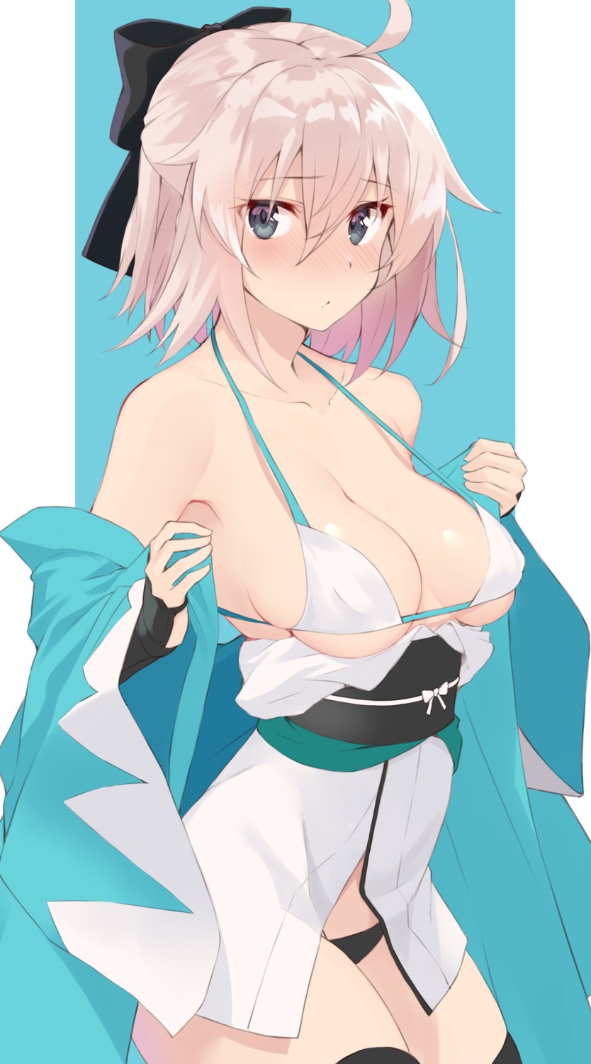 bikini erect_nipples fate/grand_order japanese_clothes okita_souji_(fate) open_shirt swimsuits syunichi thighhighs undressing