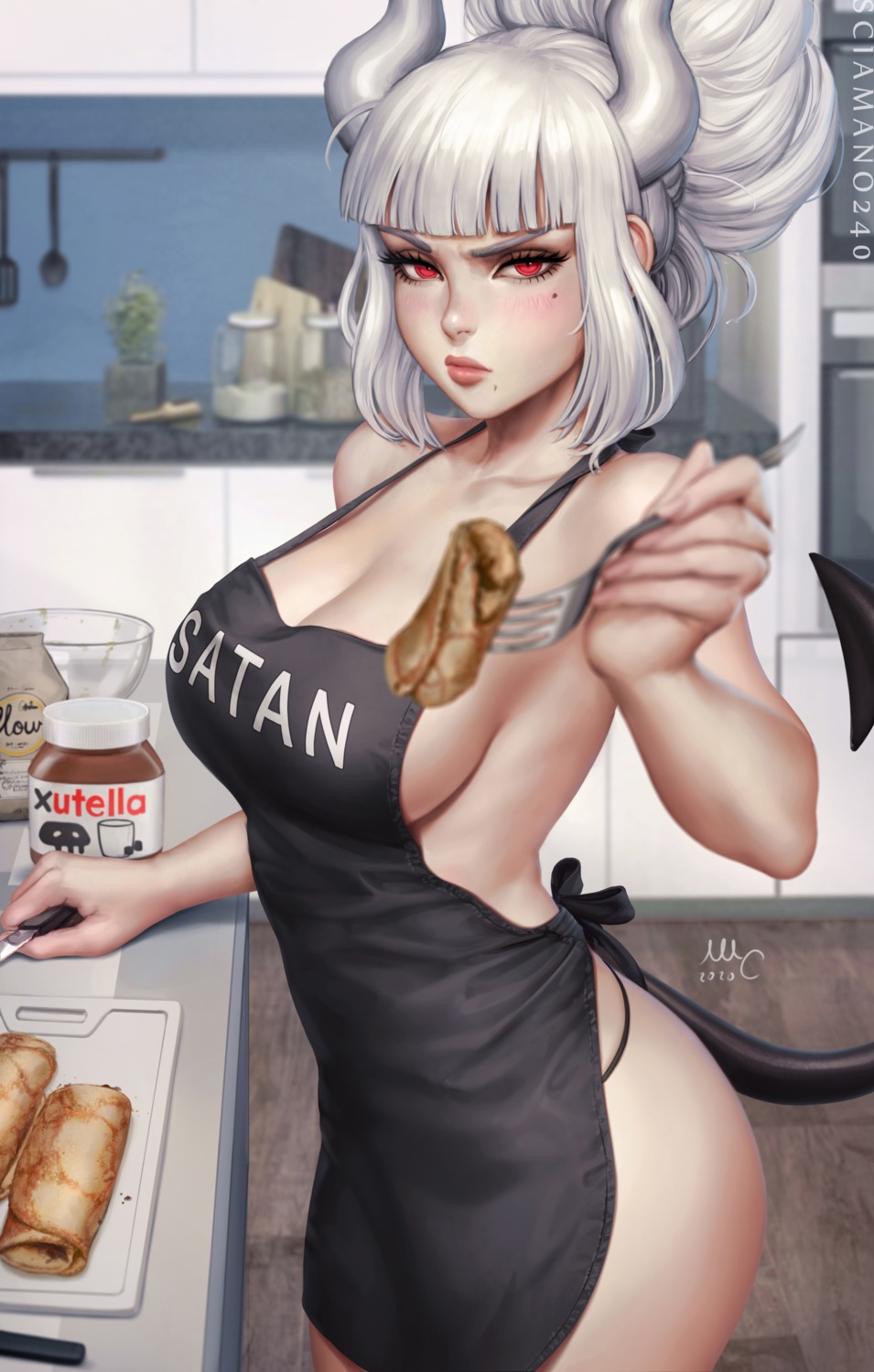 devil helltaker horns lucifer_(helltaker) mirco_cabbia naked_apron tail