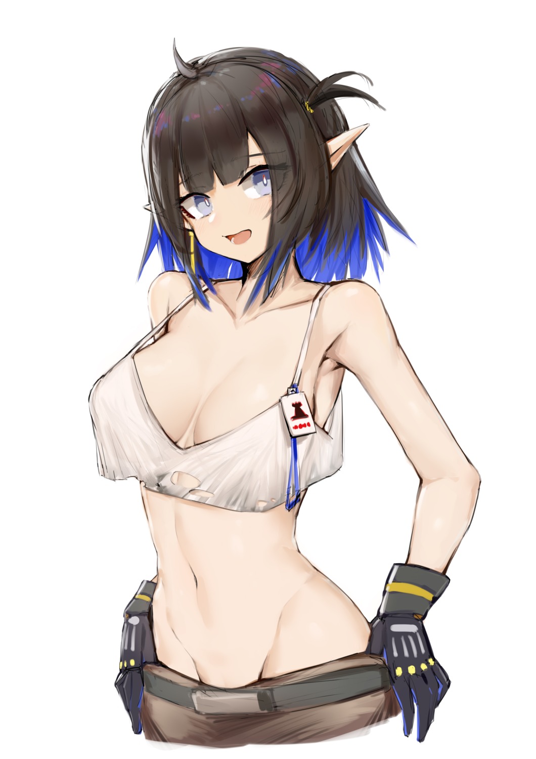 arknights cleavage dodo_(yatotoyatoto) eunectes_(arknights) no_bra nopan pointy_ears torn_clothes undressing