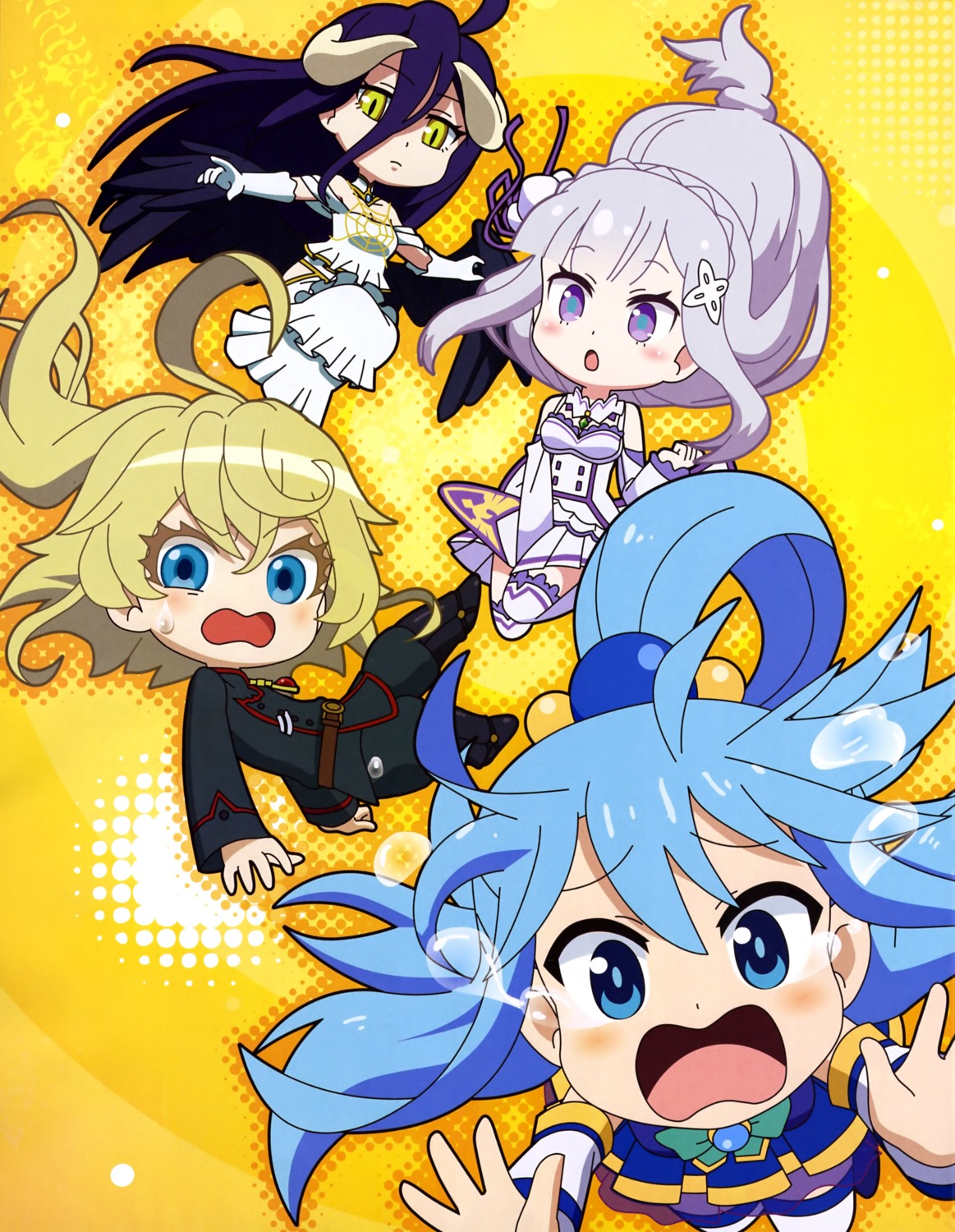 albedo_(overlord) aqua_(kono_subarashii_sekai_ni_shukufuku_wo!) chibi crossover emilia_(re_zero) horns isekai_quartet kono_subarashii_sekai_ni_shukufuku_wo! overlord re_zero_kara_hajimeru_isekai_seikatsu see_through tagme tanya_degurechaff thighhighs uniform wings youjo_senki