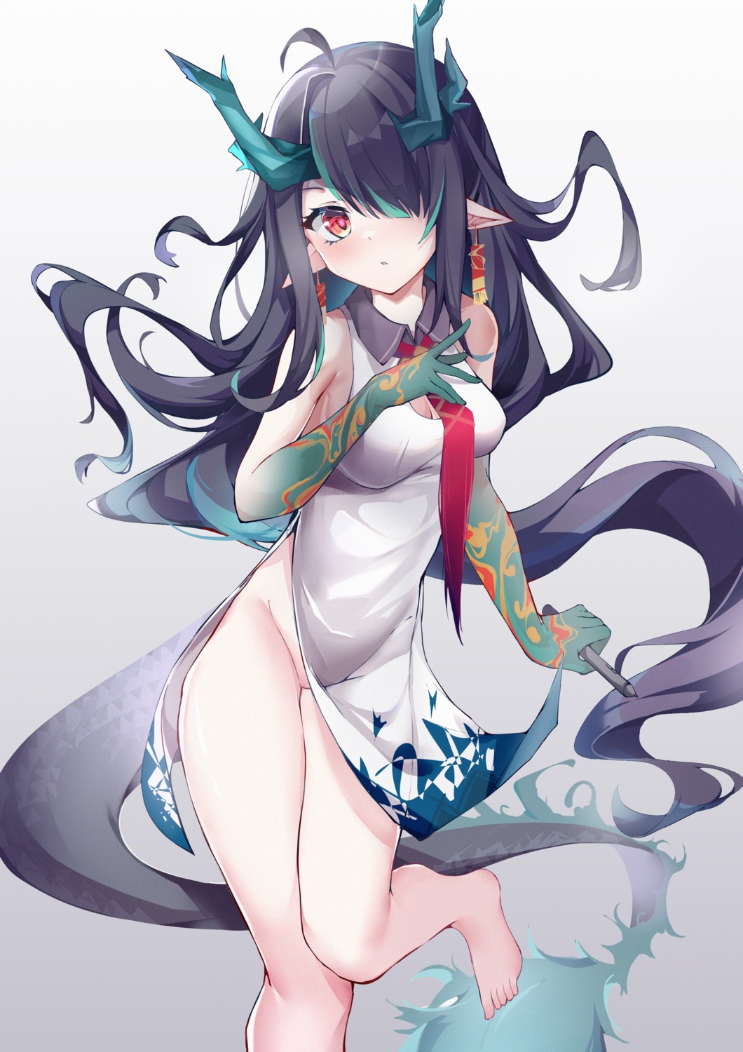 a_fu_jiade_luo arknights chinadress dusk_(arknights) horns nopan pointy_ears pussy skirt_lift tail uncensored