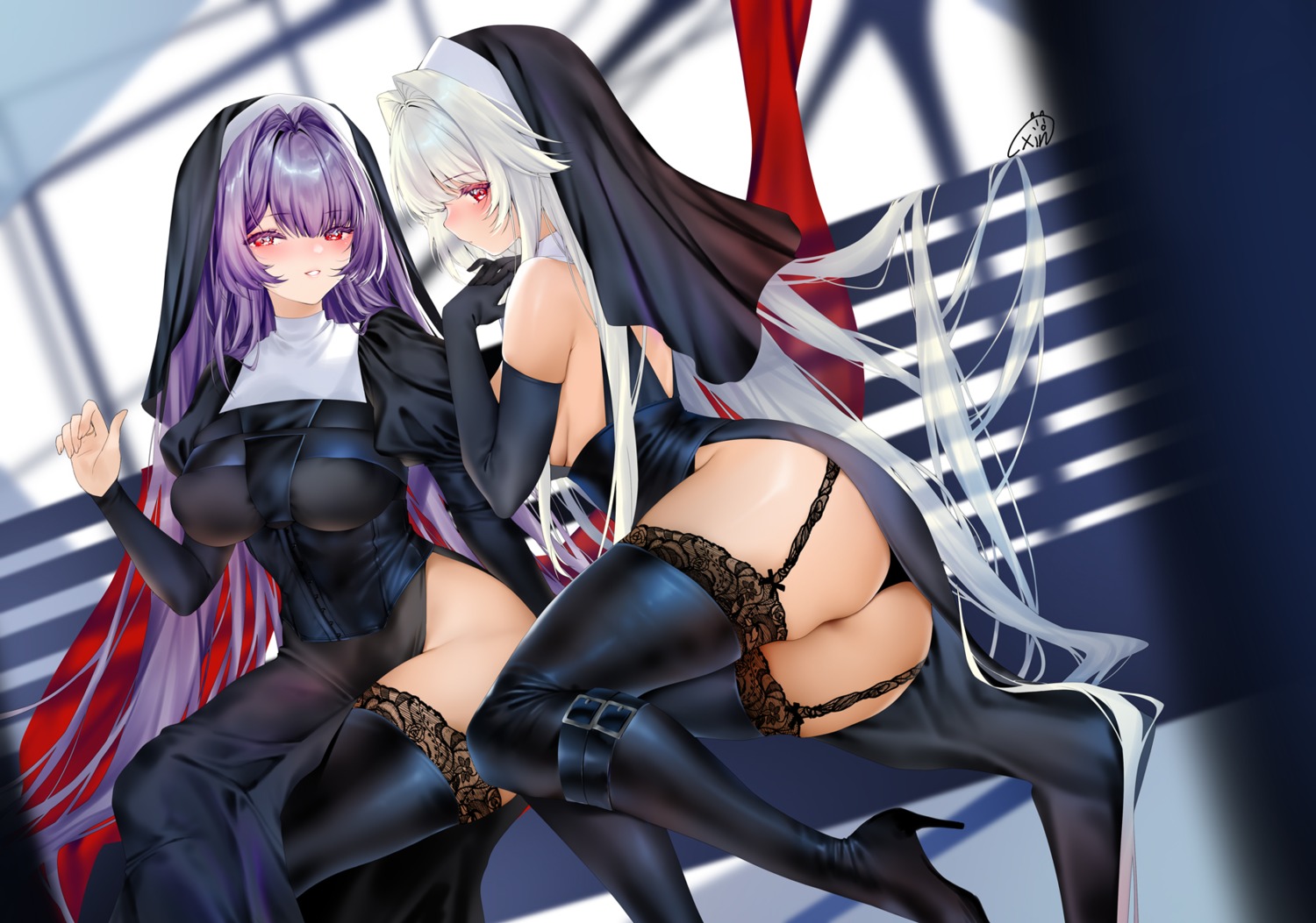 ass heels no_bra nun pantsu skirt_lift stockings thighhighs thong xin