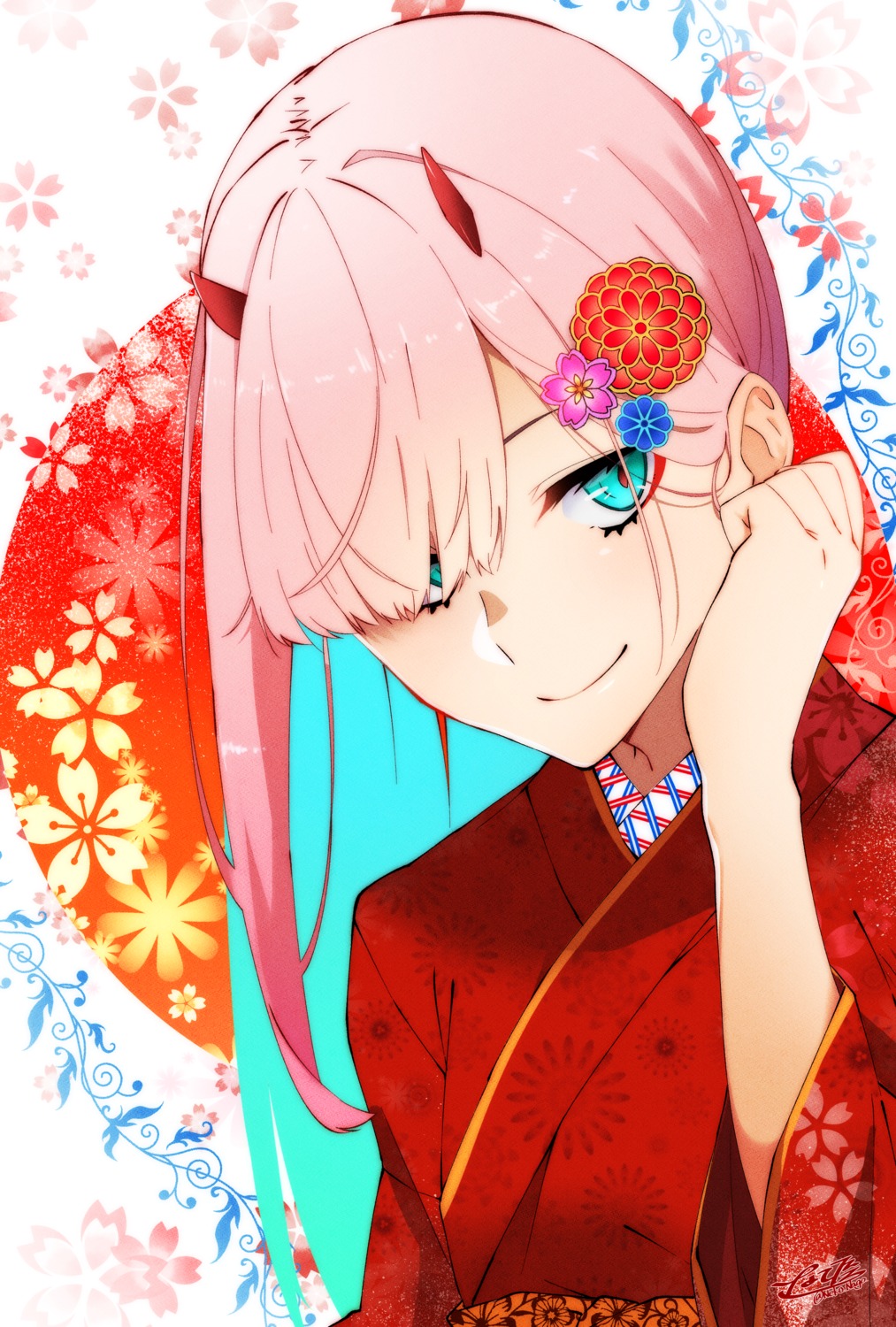 darling_in_the_franxx horns kimono nakoya_(nane_cat) zero_two_(darling_in_the_franxx)