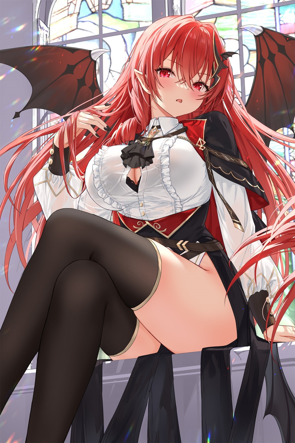 bra devil devil_heavens long_ge_taki open_shirt pointy_ears provealms see_through skirt_lift thighhighs wings