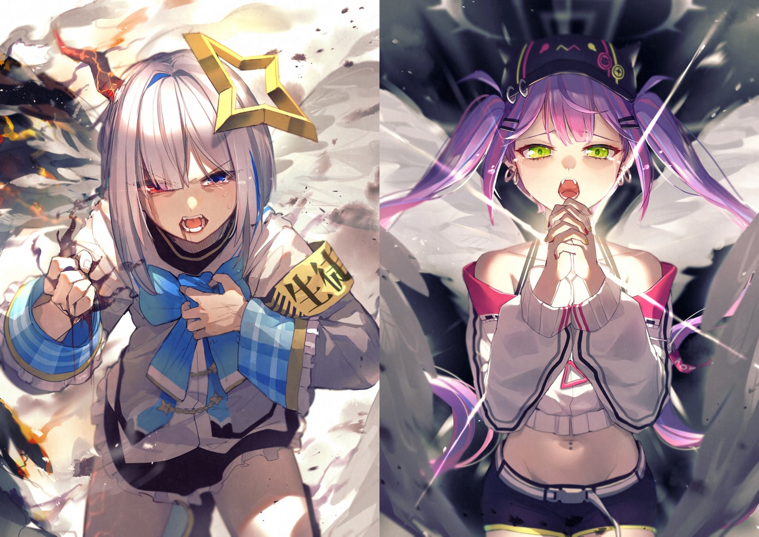 amane_kanata angel heterochromia hololive horns mr.lime seifuku tokoyami_towa wings