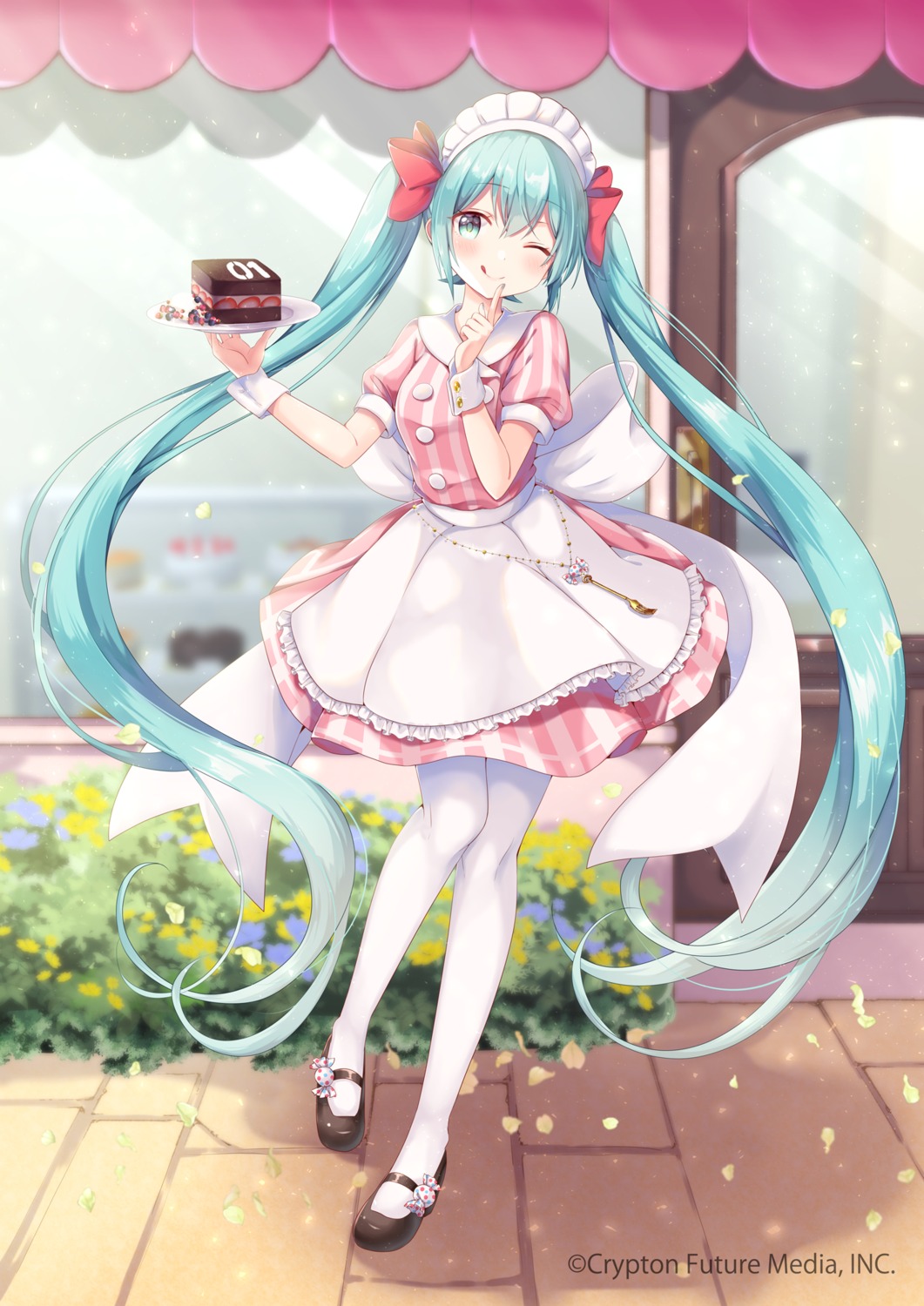 gomano_rio hatsune_miku maid pantyhose skirt_lift vocaloid waitress