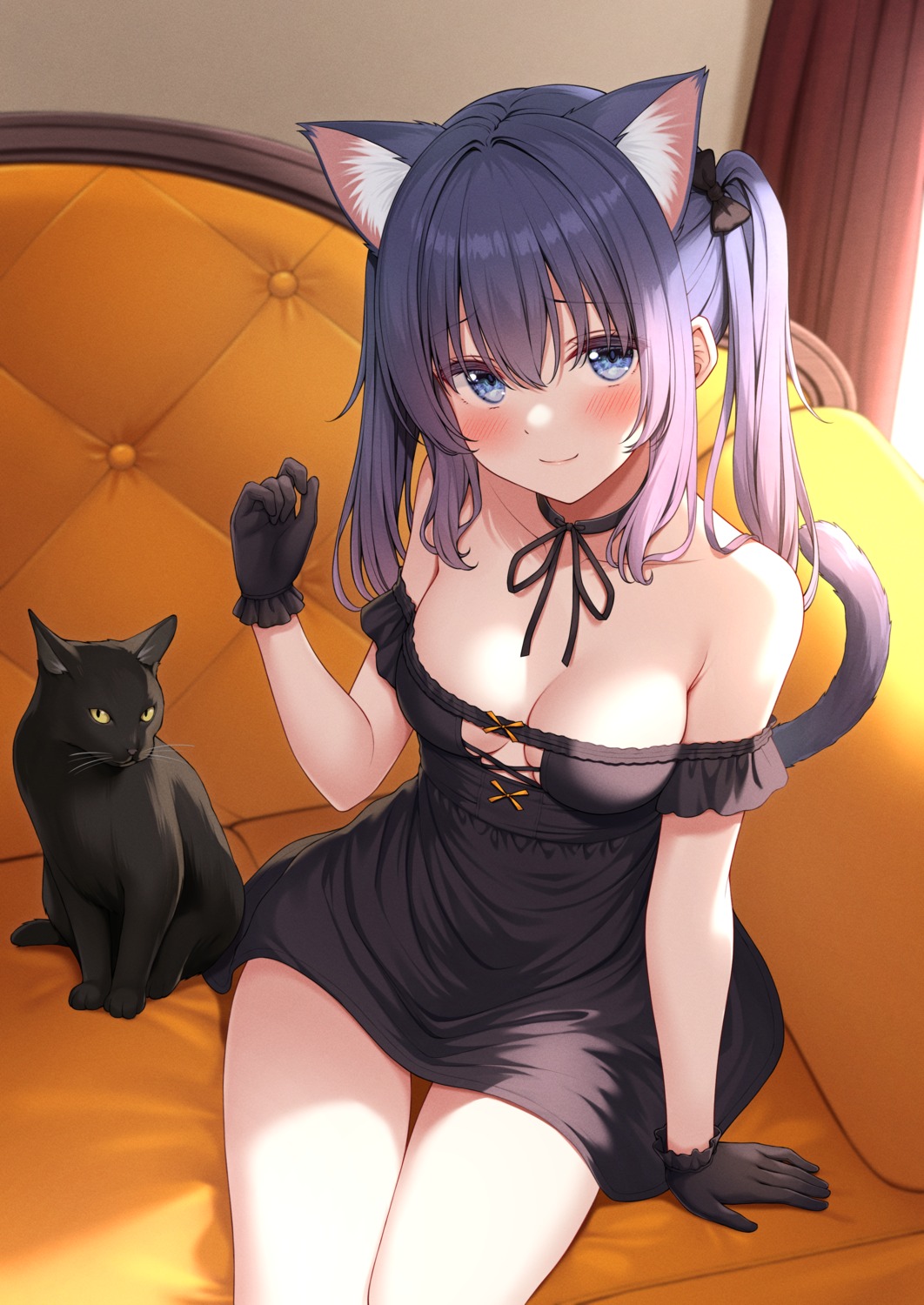 animal_ears dress karutamo neko nekomimi no_bra rakugaki-chan tail