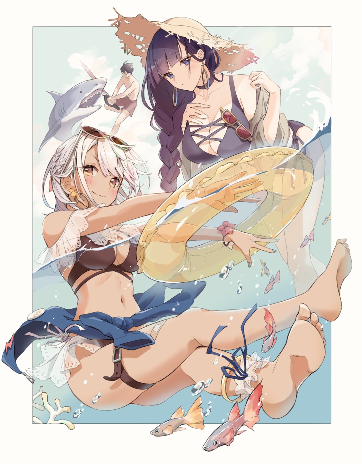 benghuai_xueyuan bikini feet garter megane nasubi_(1ra1ri1ko2cho1mi2na) raiden_mei see_through skirt_lift swimsuits sword wet