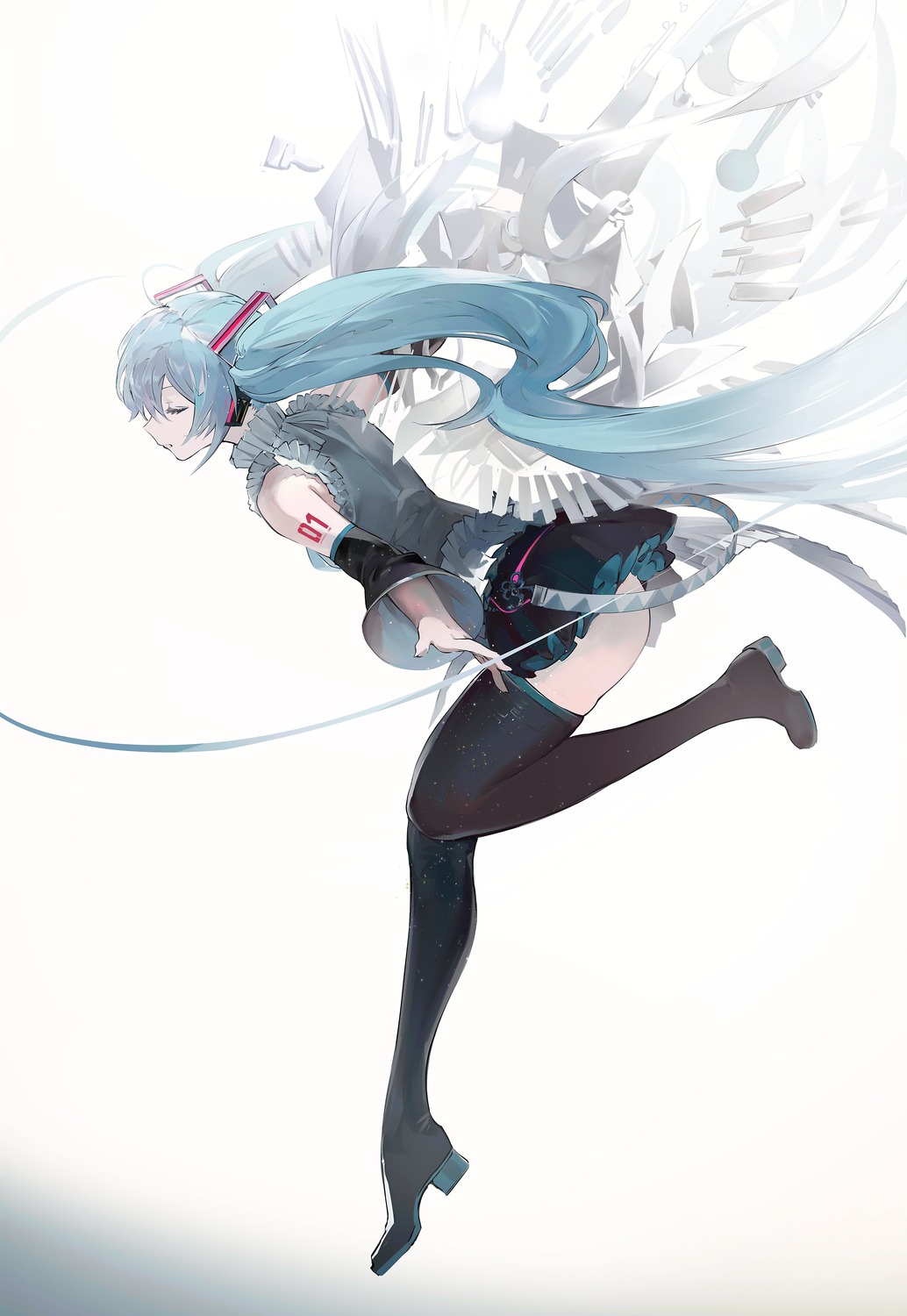 hatsune_miku headphones koio skirt_lift tattoo thighhighs vocaloid