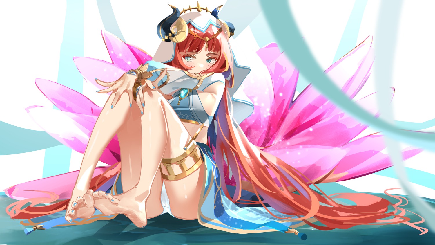 cameltoe feet garter genshin_impact horns nilou no_bra pantsu skirt_lift sydus