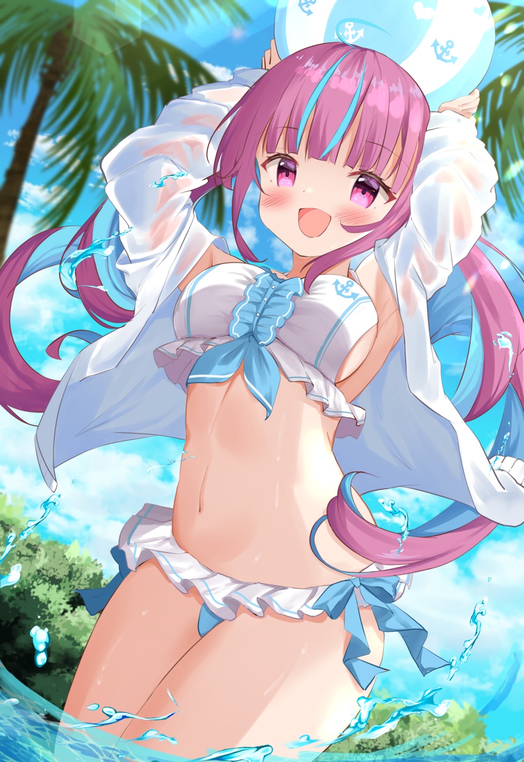 bikini hololive kanti15 minato_aqua open_shirt see_through swimsuits wet wet_clothes