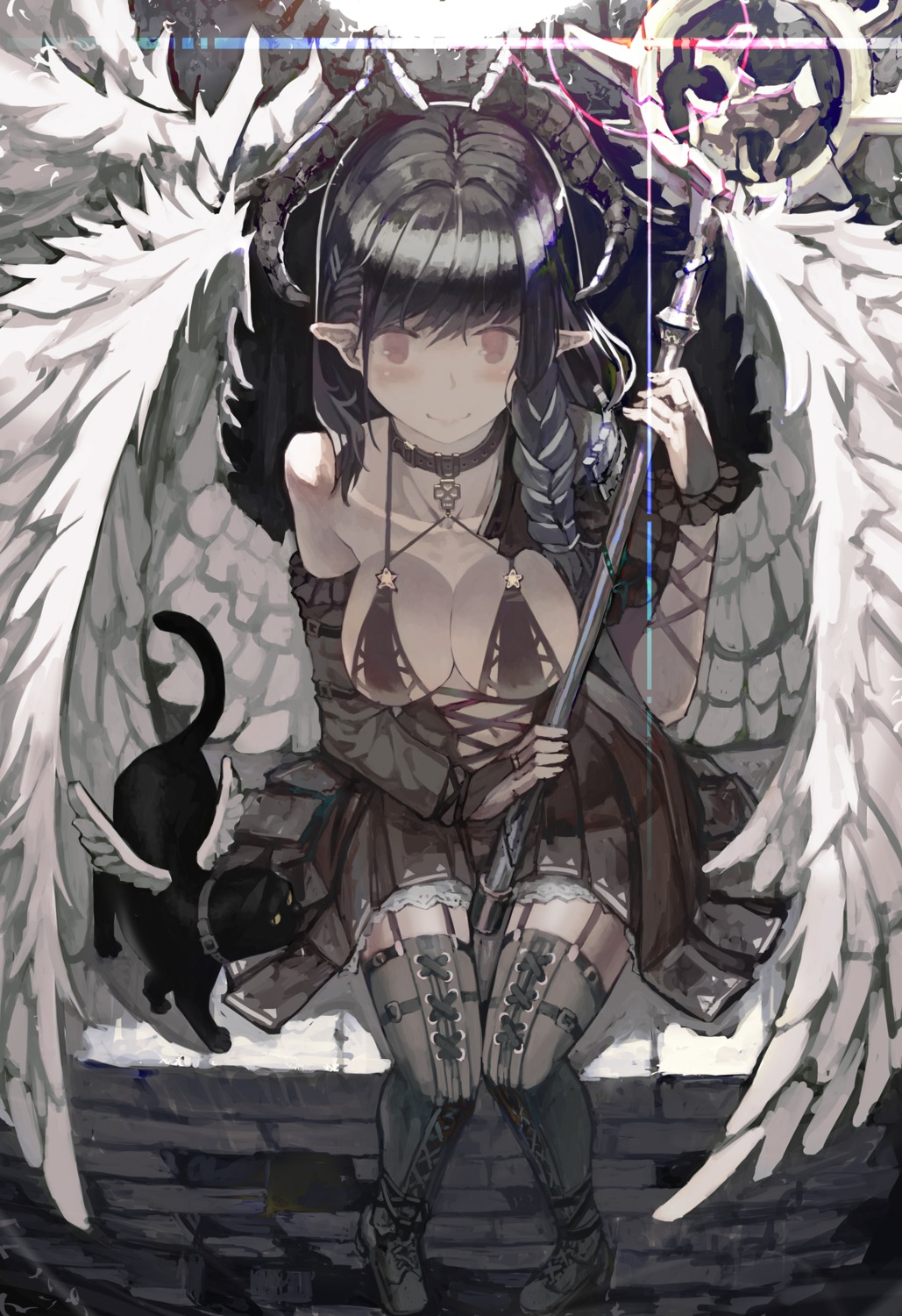 dress horns neko no_bra pointy_ears stockings tefec thighhighs weapon wings