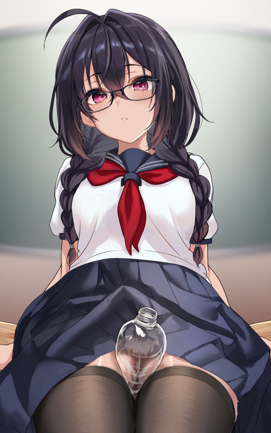 fou_(ssqseeker) megane seifuku skirt_lift thighhighs