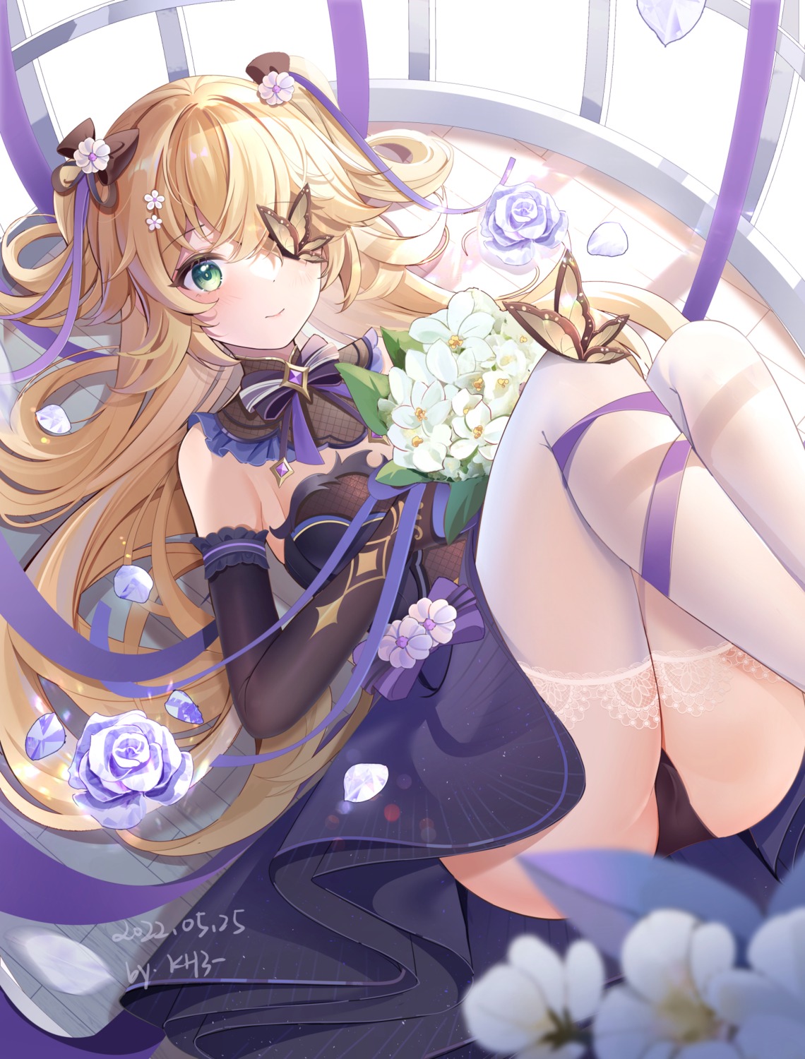 cameltoe dress eyepatch fischl genshin_impact miaogujun pantsu skirt_lift thighhighs