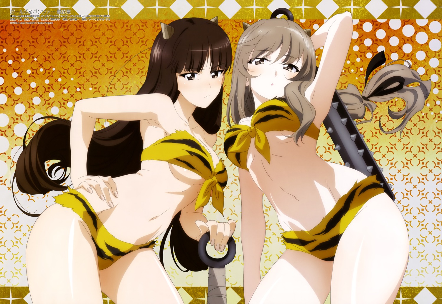 bikini_armor girls_und_panzer horns nishizumi_shiho rio_(artist) shimada_chiyo weapon