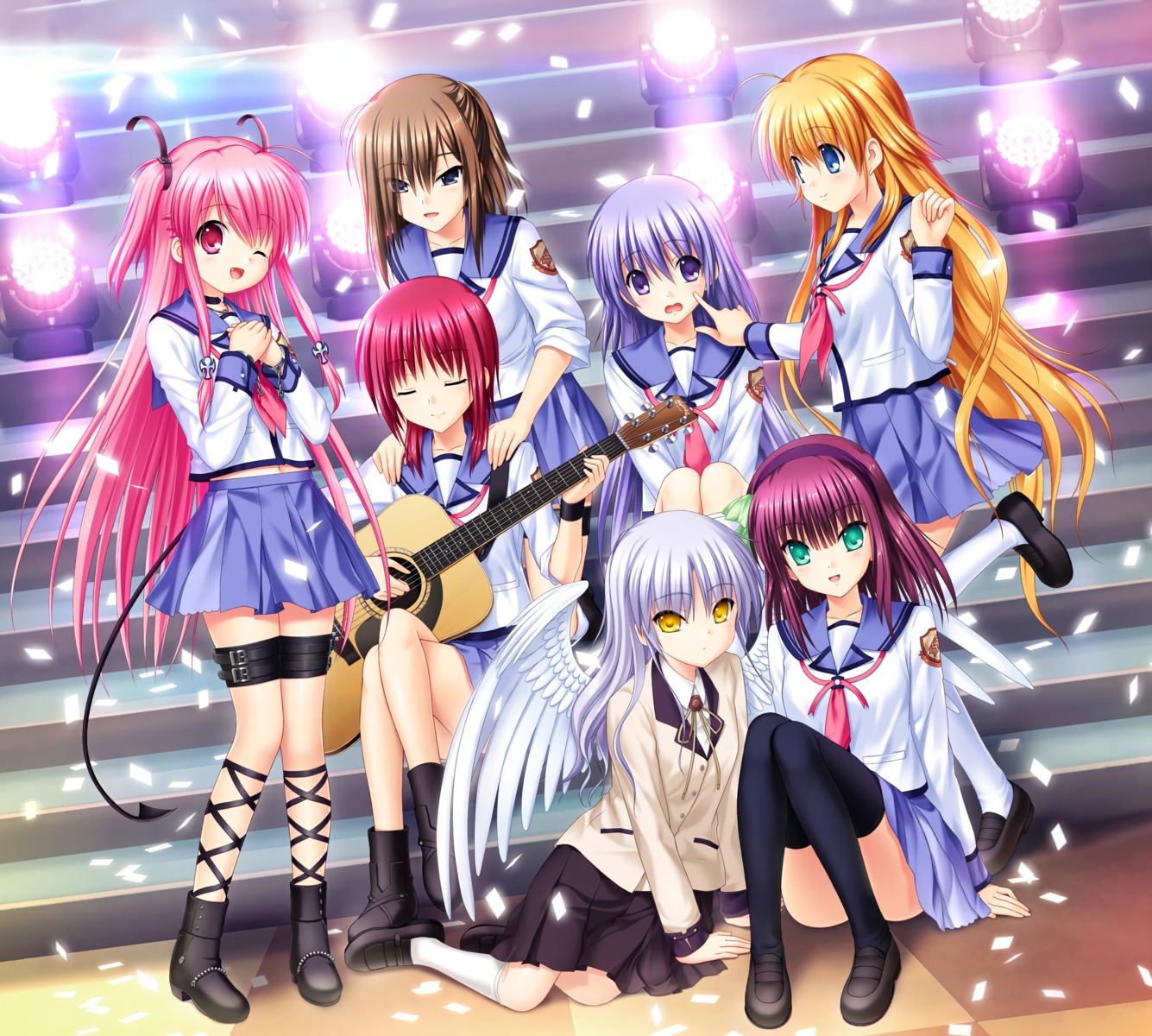 angel_beats! disc_cover fuchita_hisako garter guitar irie_miyuki iwasawa_masami key na-ga nakamura_yuri seifuku sekine_shiori skirt_lift tachibana_kanade thighhighs wings yoshioka_yui