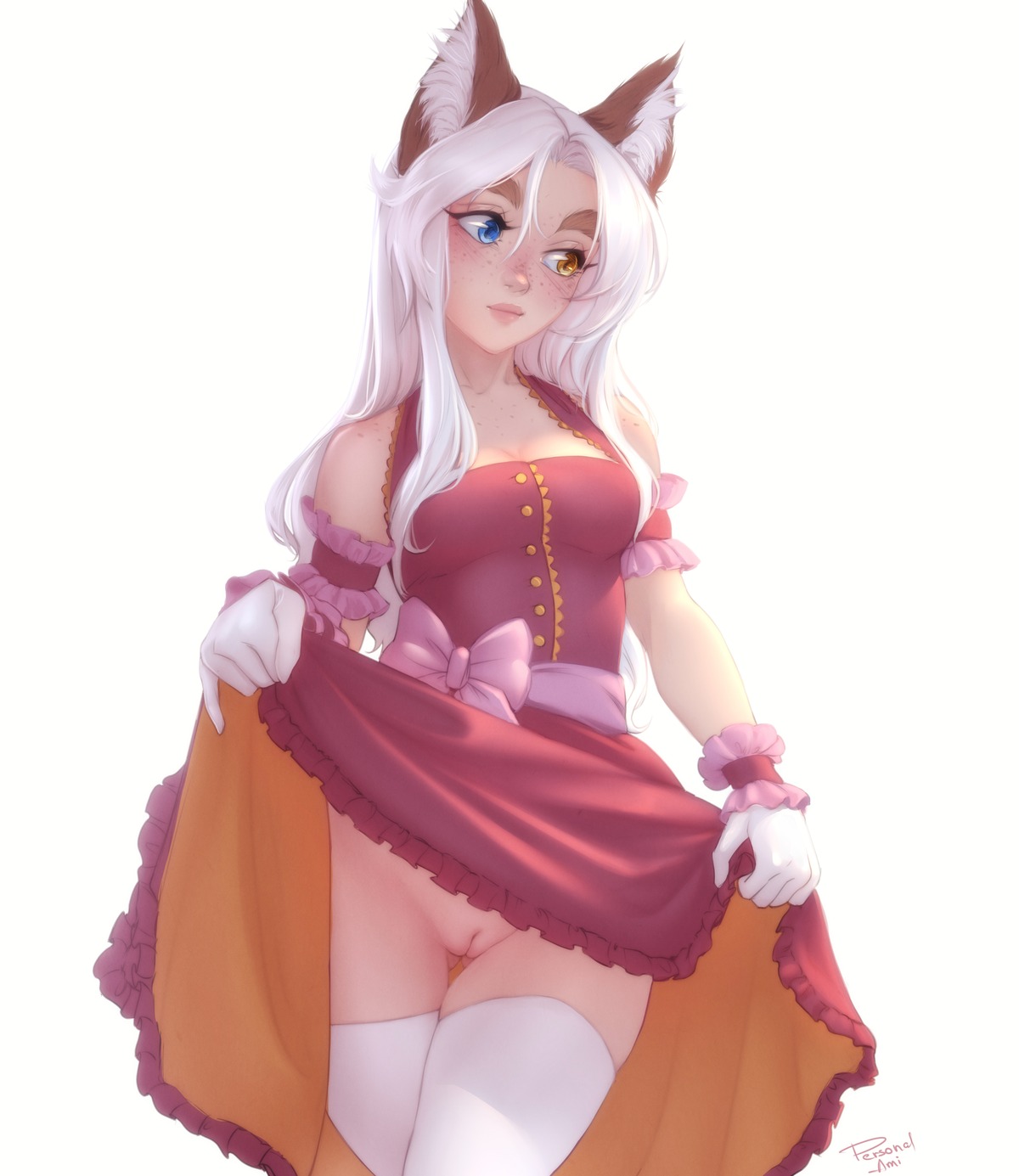 animal_ears dress heterochromia losse nopan personal_ami pussy skirt_lift thighhighs