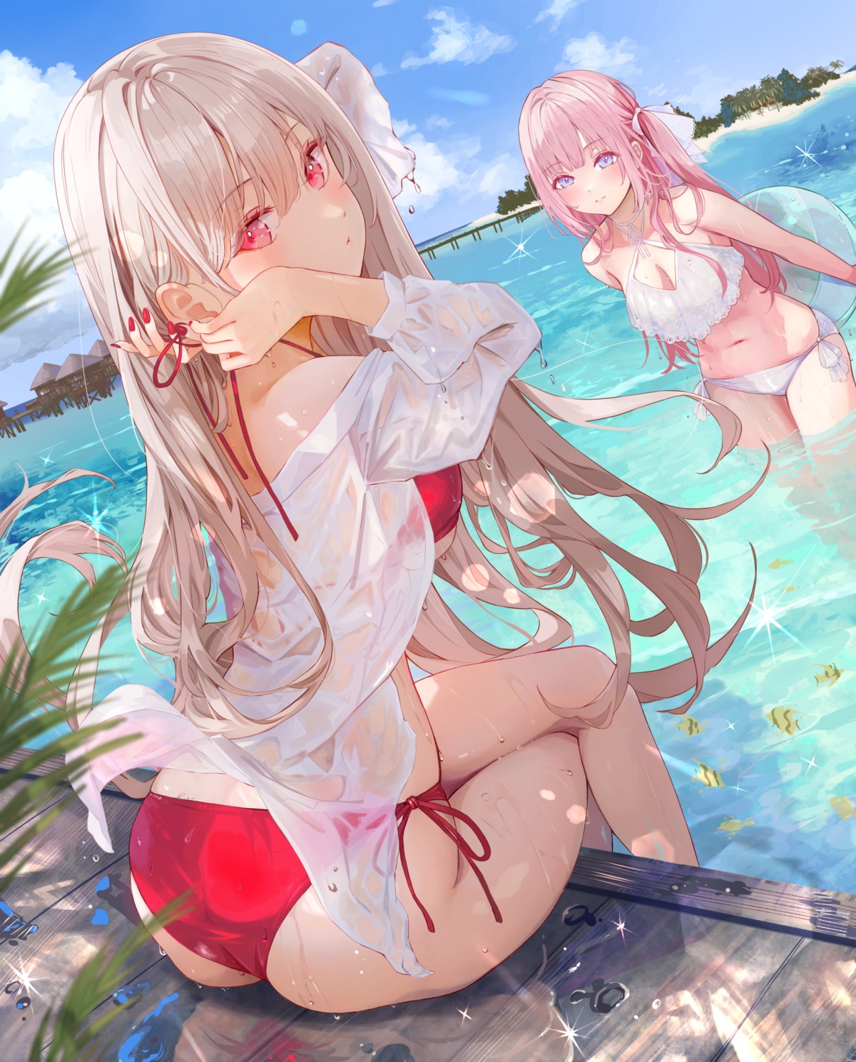 ass bikini ito_lab open_shirt see_through swimsuits undressing wet wet_clothes