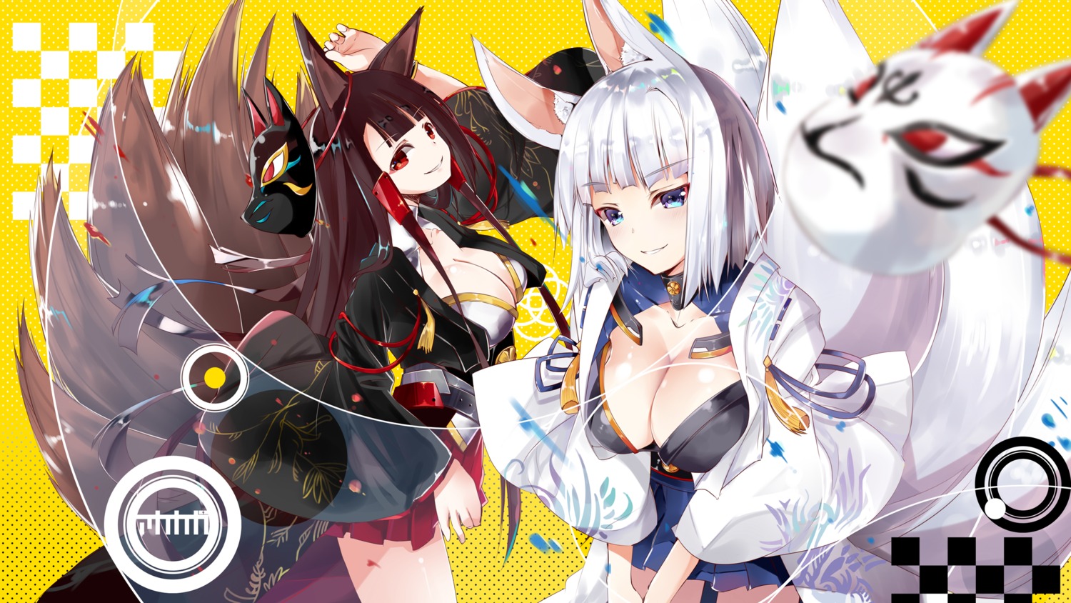 akagi_(azur_lane) animal_ears azur_lane cleavage itotin japanese_clothes kaga_(azur_lane) kitsune tail