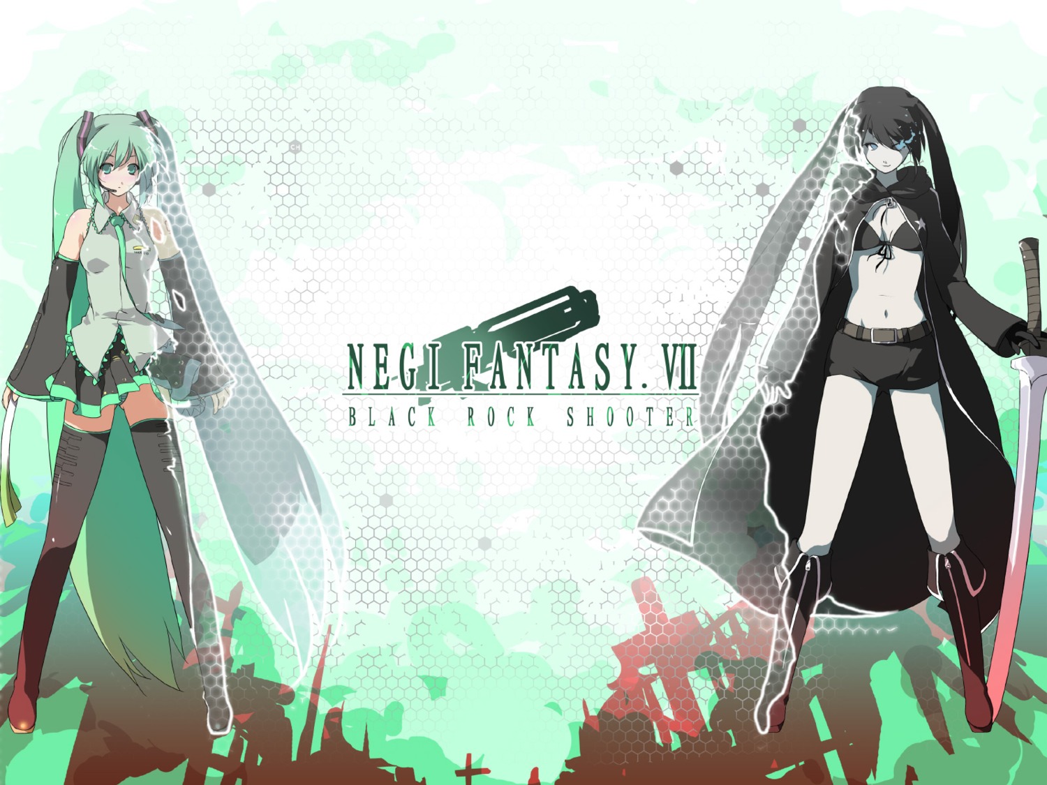 bikini_top black_rock_shooter black_rock_shooter_(character) hatsune_miku pantsu sakura_sora swimsuits thighhighs vocaloid wallpaper