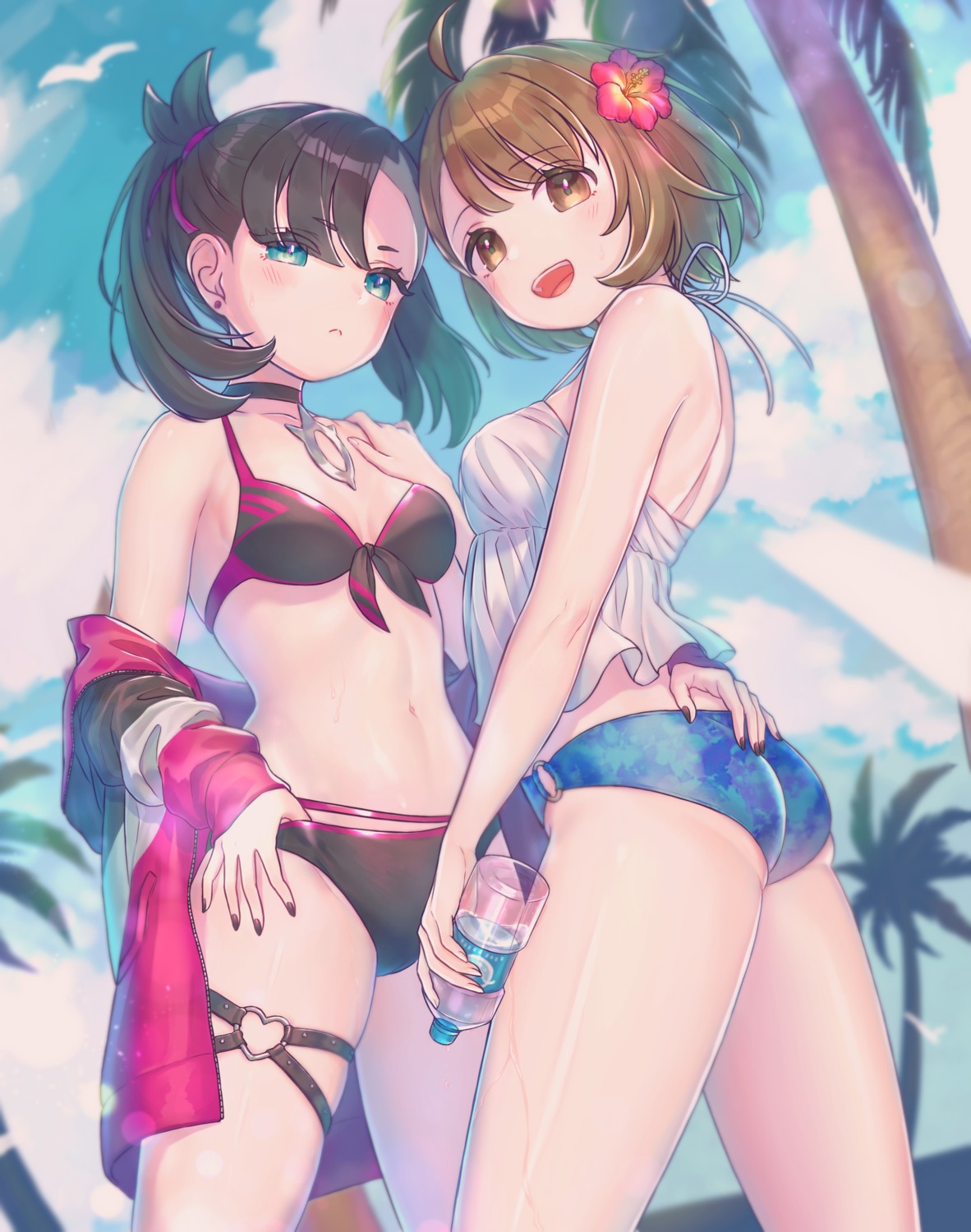 ass bikini cleavage garter mary_(pokemon) n2ewu open_shirt pokemon pokemon_swsh swimsuits yuri yuuri_(pokemon)