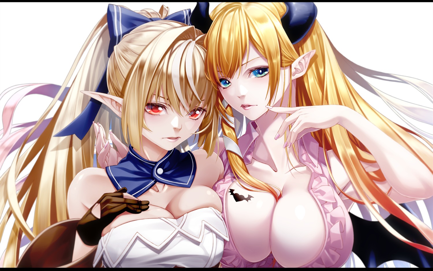 cleavage elf fenrir_(fenlil0316) hololive horns no_bra open_shirt pointy_ears shiranui_flare tattoo wings yuzuki_choco