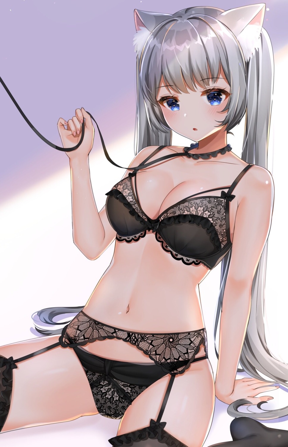 animal_ears bra cleavage garter_belt katsushika_pachi nekomimi pantsu see_through stockings thighhighs