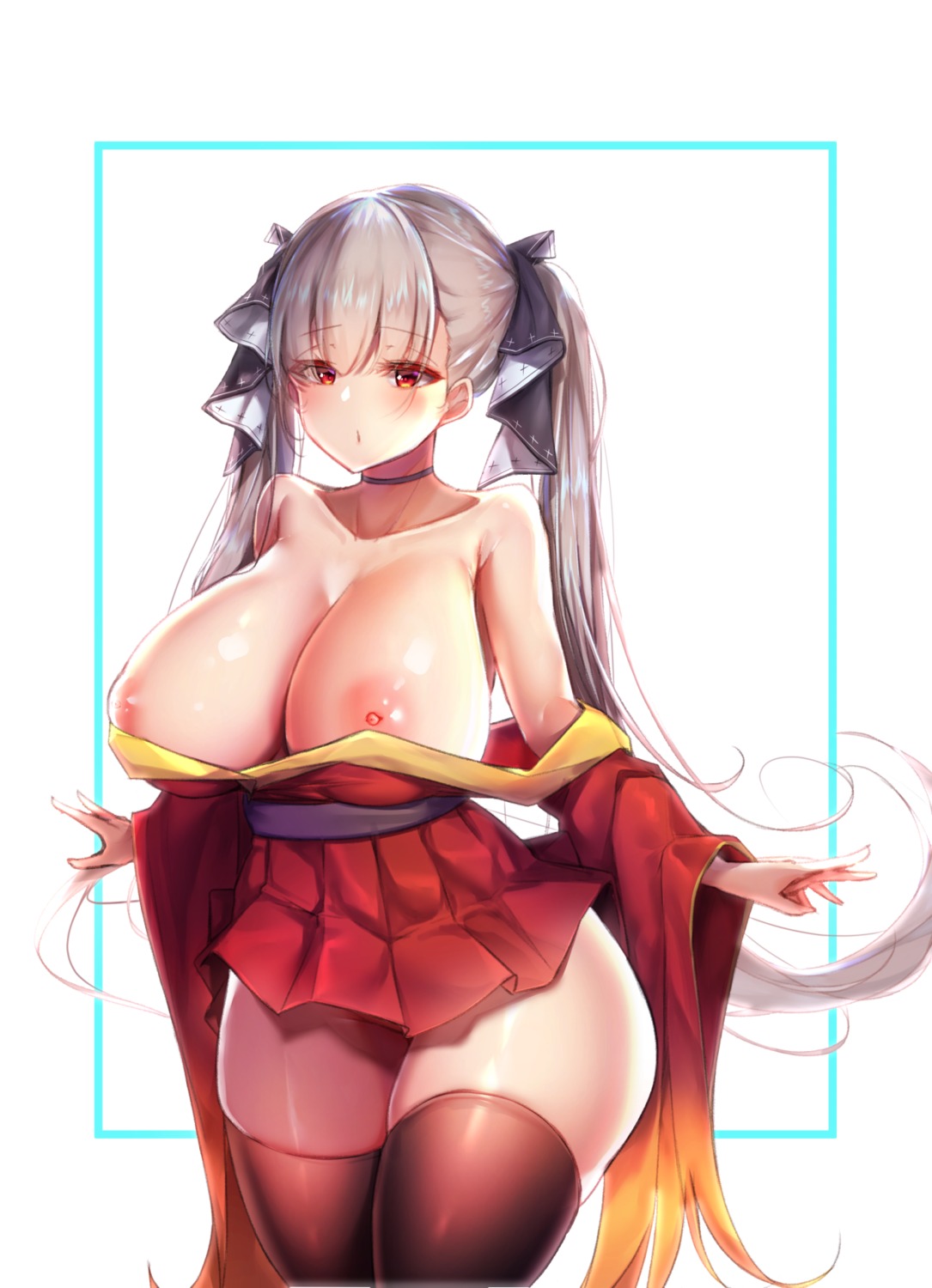 azur_lane breasts cosplay formidable_(azur_lane) geonjeonji japanese_clothes nipples no_bra open_shirt skirt_lift taihou_(azur_lane) thighhighs