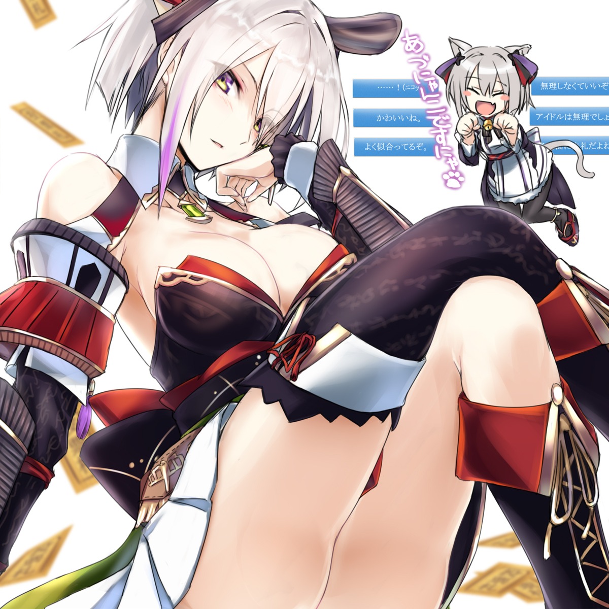 animal_ears cleavage japanese_clothes pantyhose shiro_project silve tail thighhighs