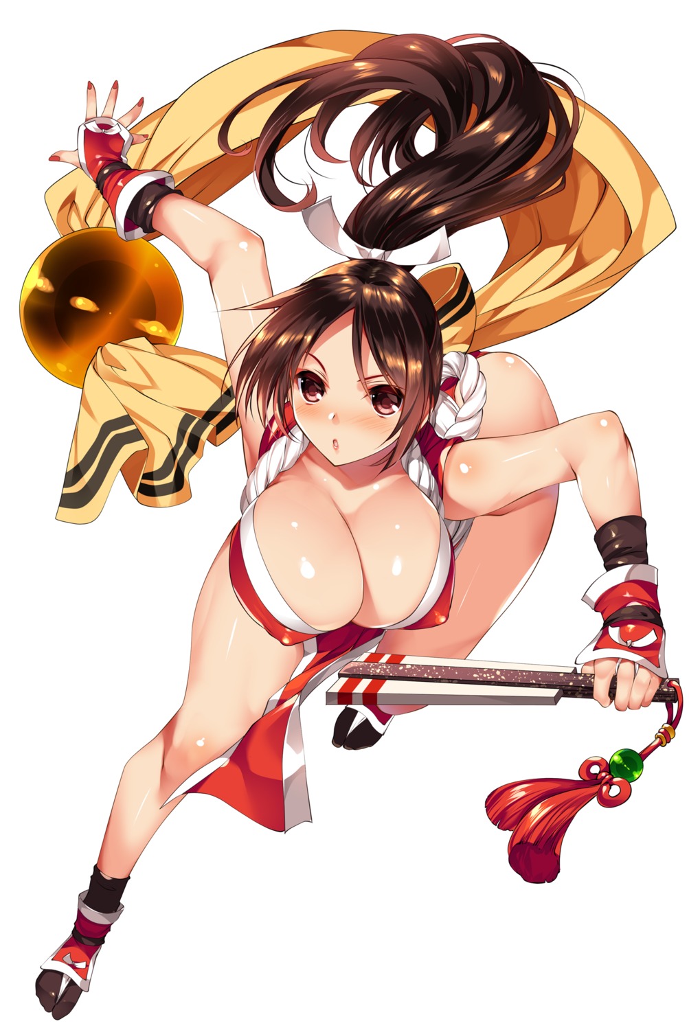 cleavage erect_nipples fatal_fury japanese_clothes king_of_fighters no_bra open_shirt shiranui_mai tamiya_akito weapon