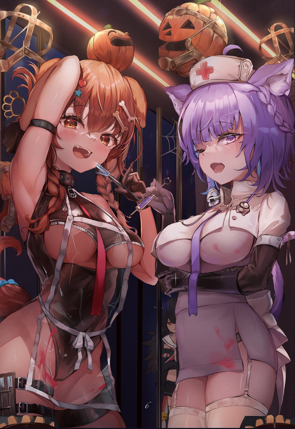 animal_ears bandages blood garter halloween hololive hololive_gamers inugami_korone inumimi leotard nekomata_okayu nekomimi nishiro_hato no_bra nurse stockings tail thighhighs