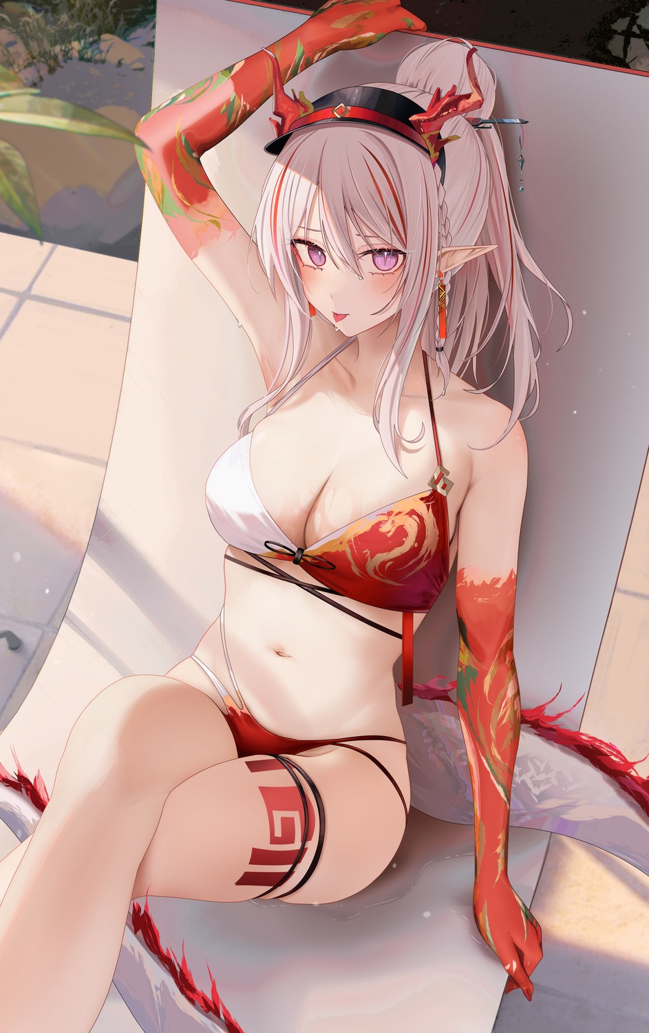 arknights bikini garter horns nian_(arknights) pointy_ears ru_zhai swimsuits tail tattoo