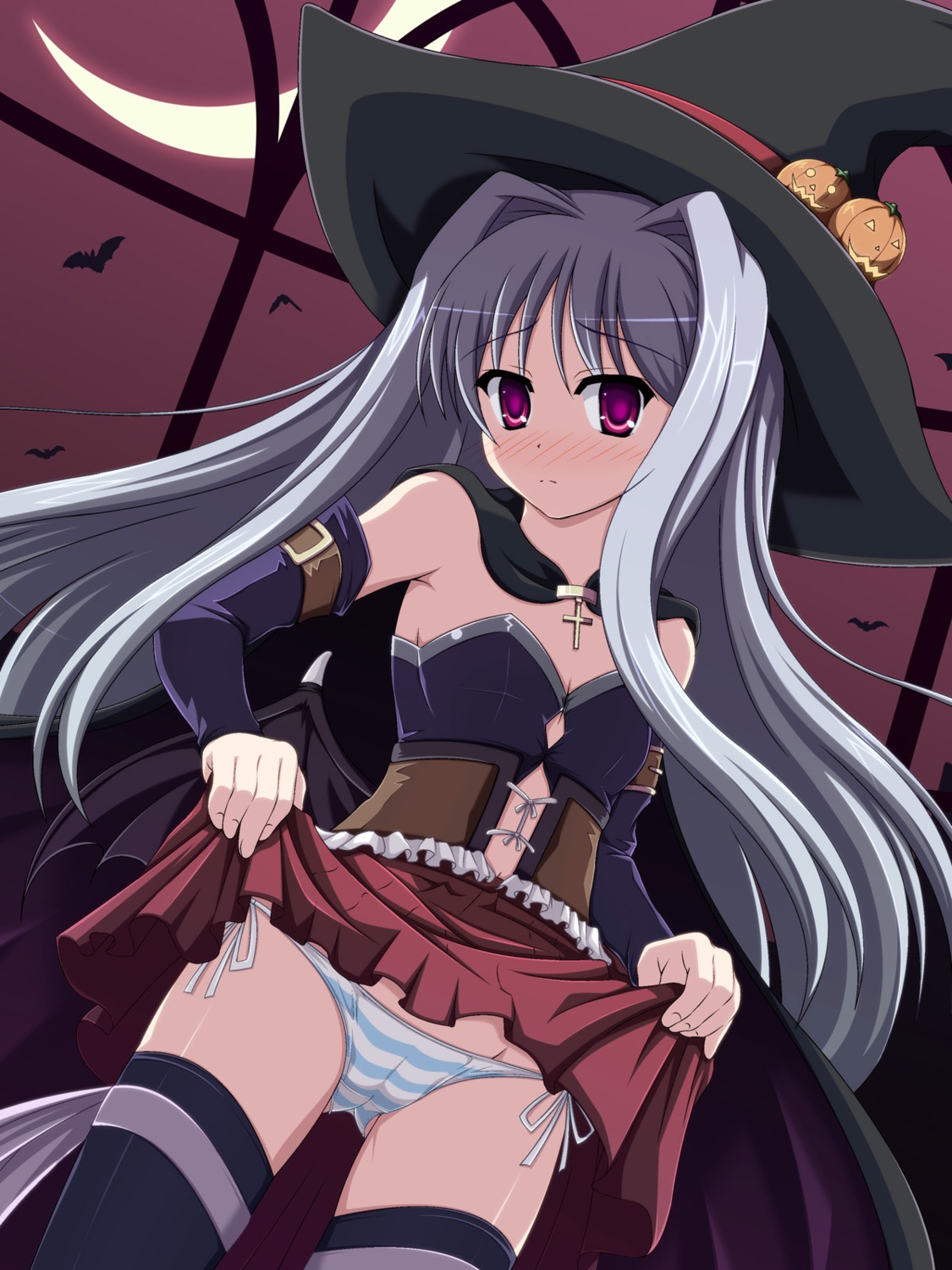 cube_x_cursed_x_curious fear_(ccc) halloween pantsu shimapan shira-nyoro skirt_lift string_panties thighhighs witch