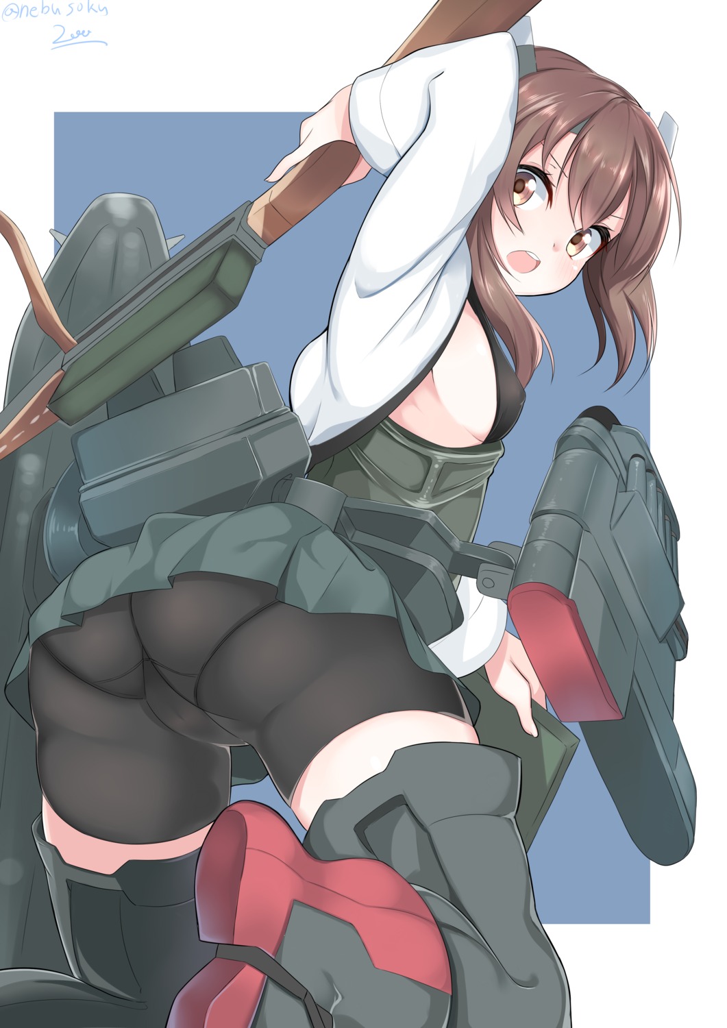 ass autographed bike_shorts cameltoe erect_nipples kantai_collection loli nebusoku no_bra taihou_(kancolle) thighhighs weapon