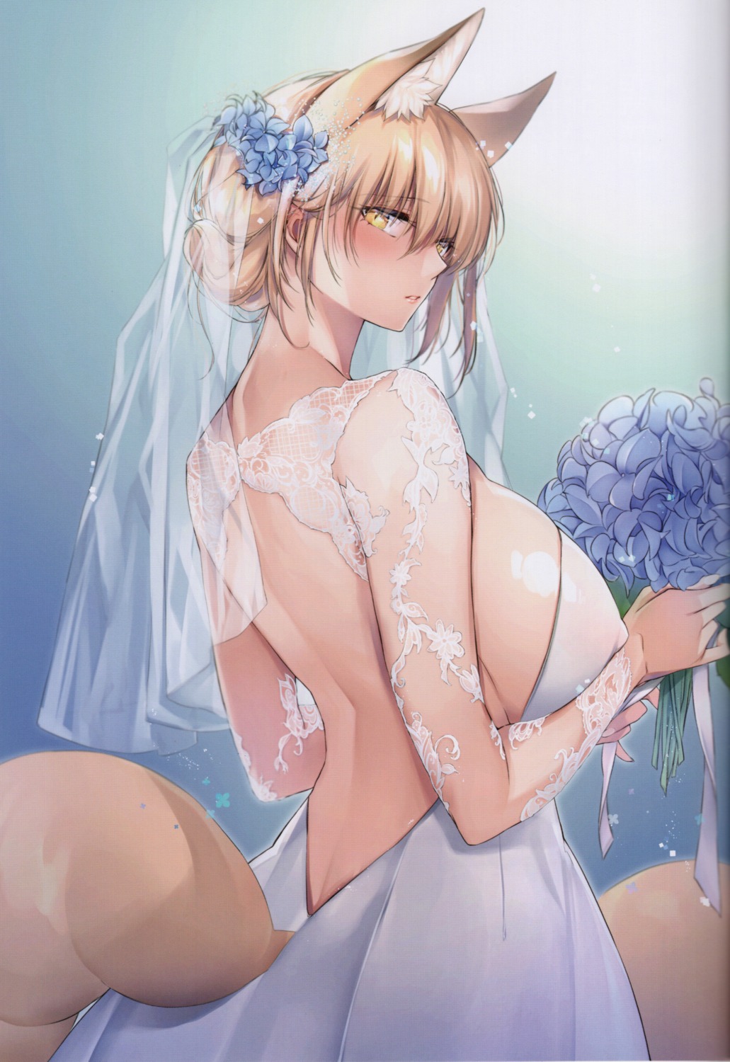 animal_ears dress erect_nipples kitsune no_bra shizu-chan tail wedding_dress yukibuster