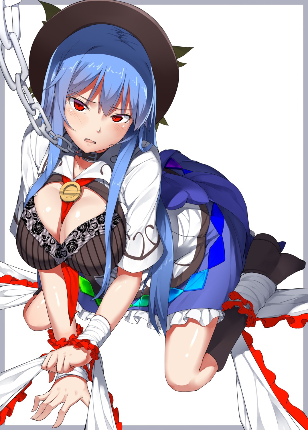 bandaid bondage bra cleavage hinanawi_tenshi neropaso open_shirt touhou