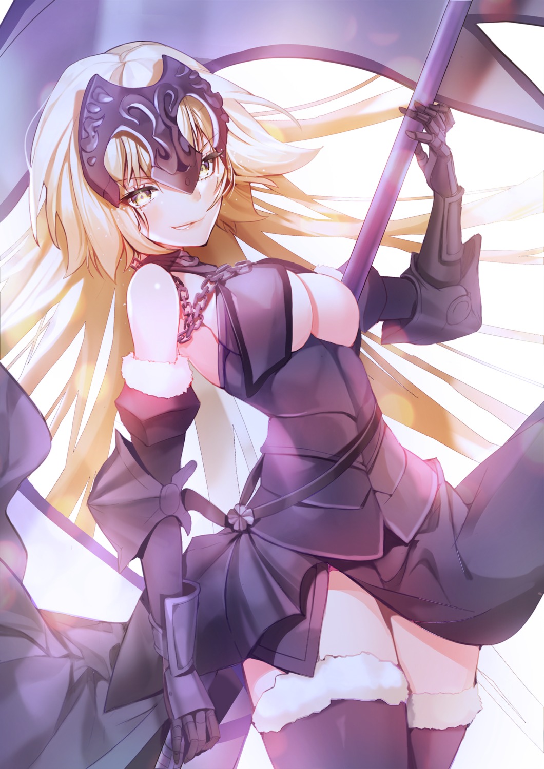armor cleavage dress fate/grand_order j_na jeanne_d'arc jeanne_d'arc_(alter)_(fate) no_bra thighhighs weapon
