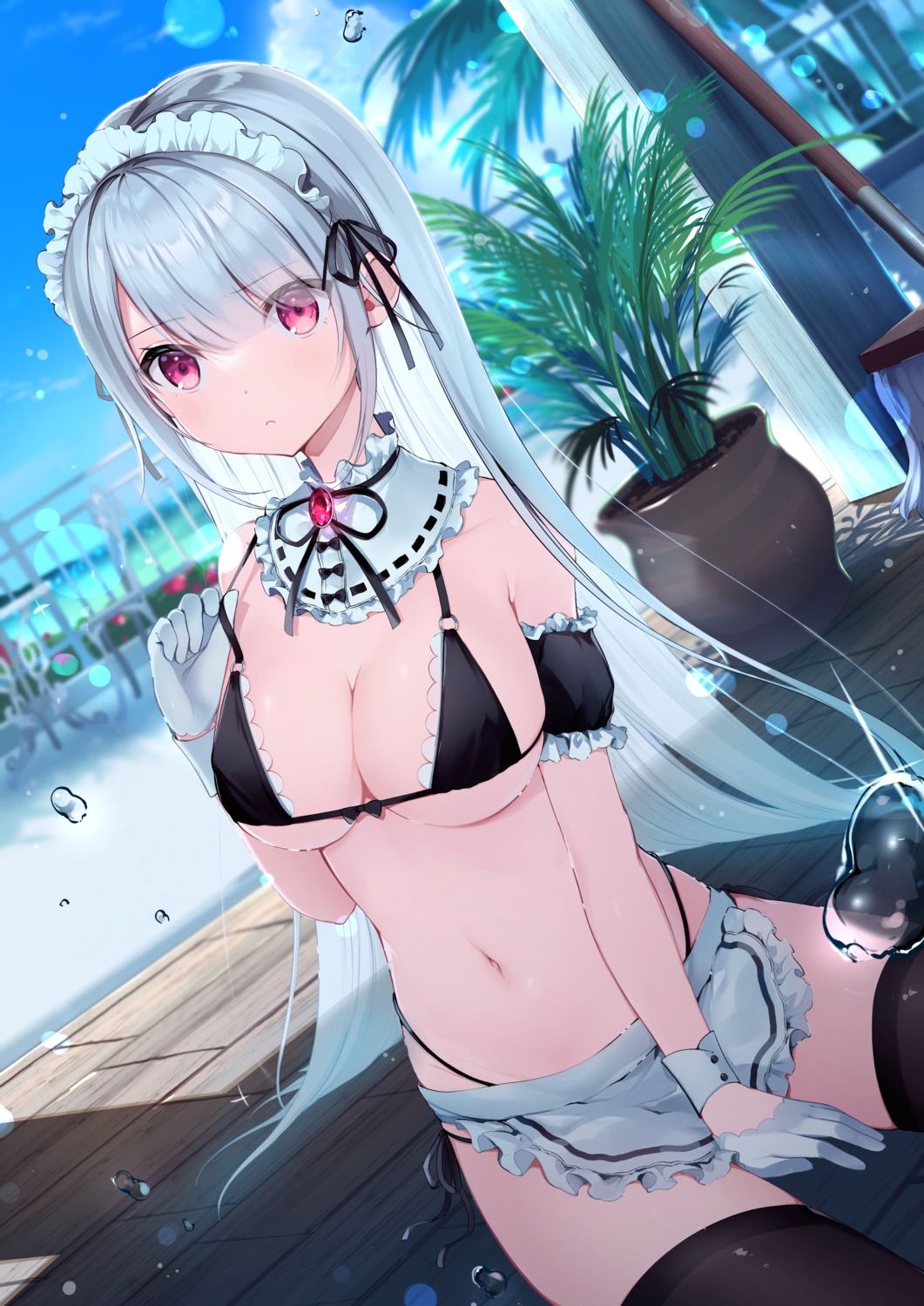 bikini maid mikeneko_mari swimsuits thighhighs