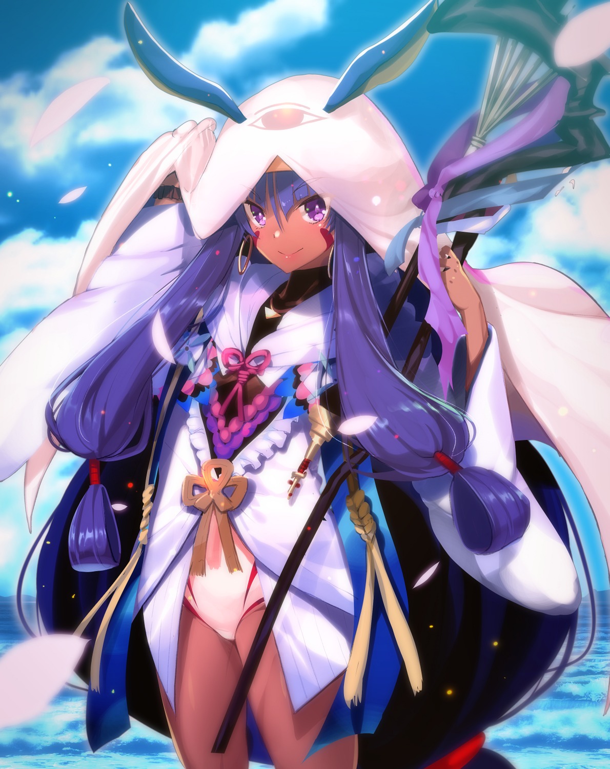 akahito animal_ears bunny_ears cosplay fate/grand_order merlin_(fate/stay_night) nitocris_(fate/grand_order) swimsuits weapon