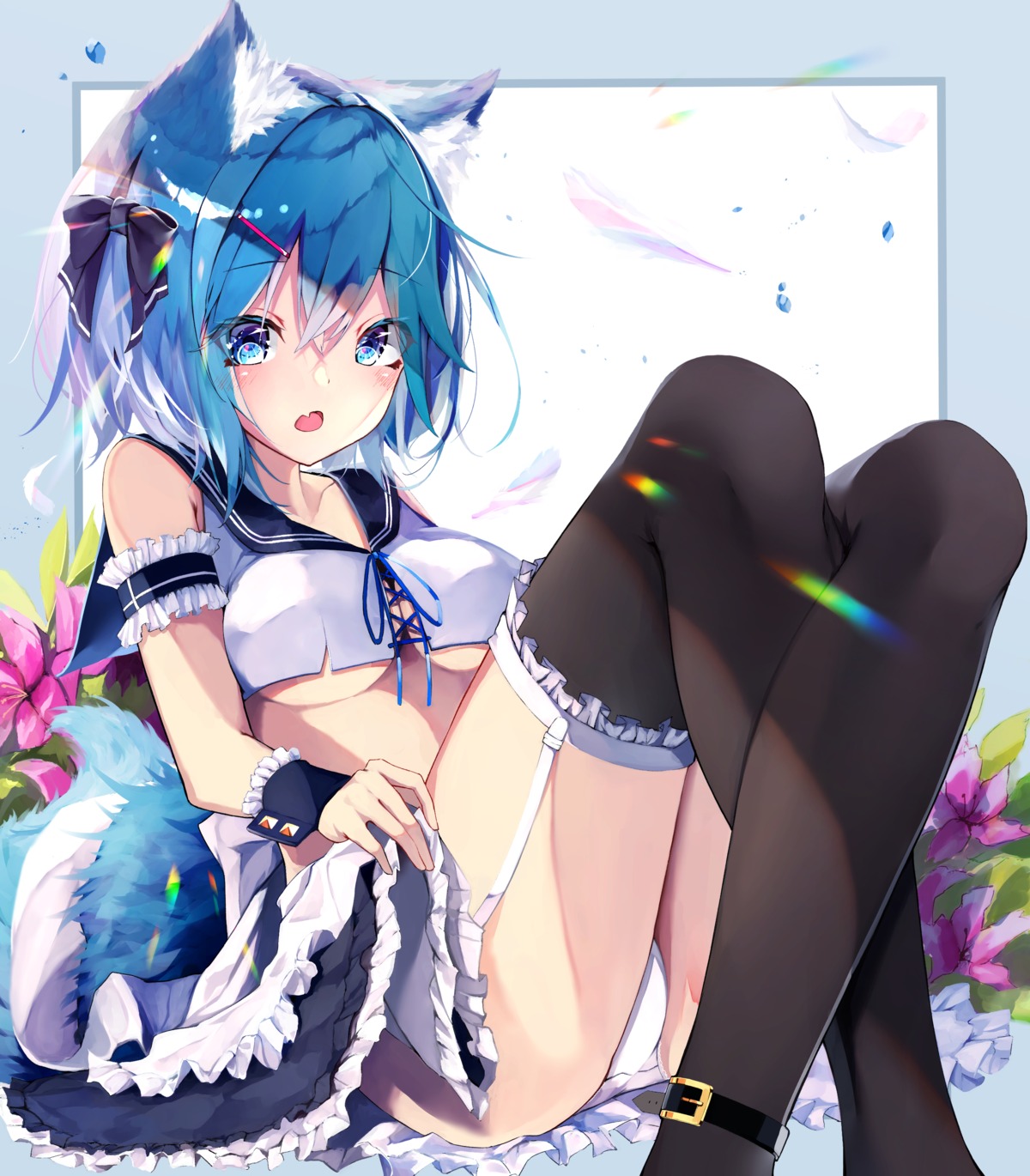 animal_ears mayogii no_bra pantsu seifuku skirt_lift stockings tail thighhighs underboob