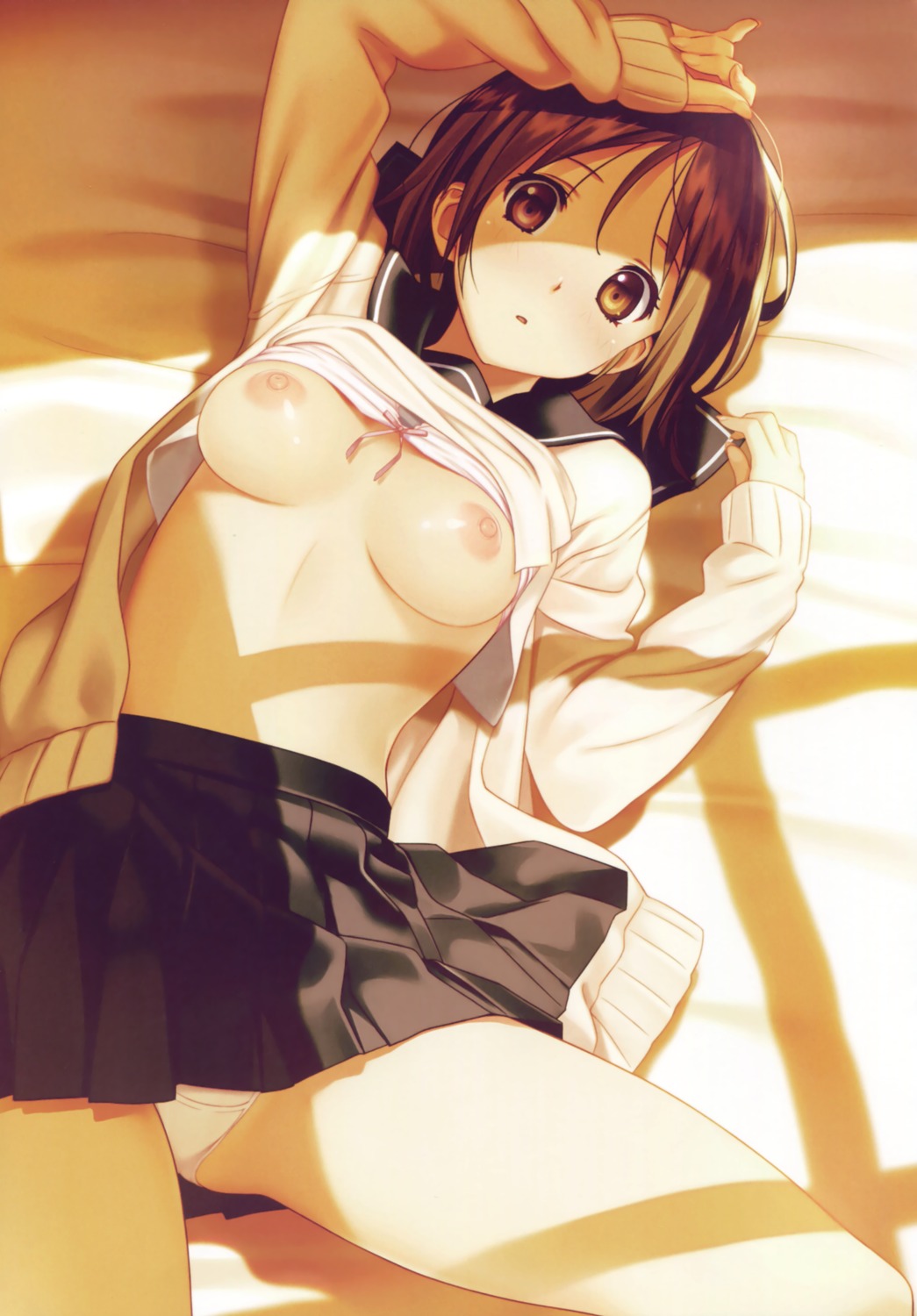 bra breasts koutaro nipples open_shirt pantsu seifuku shirt_lift sweater