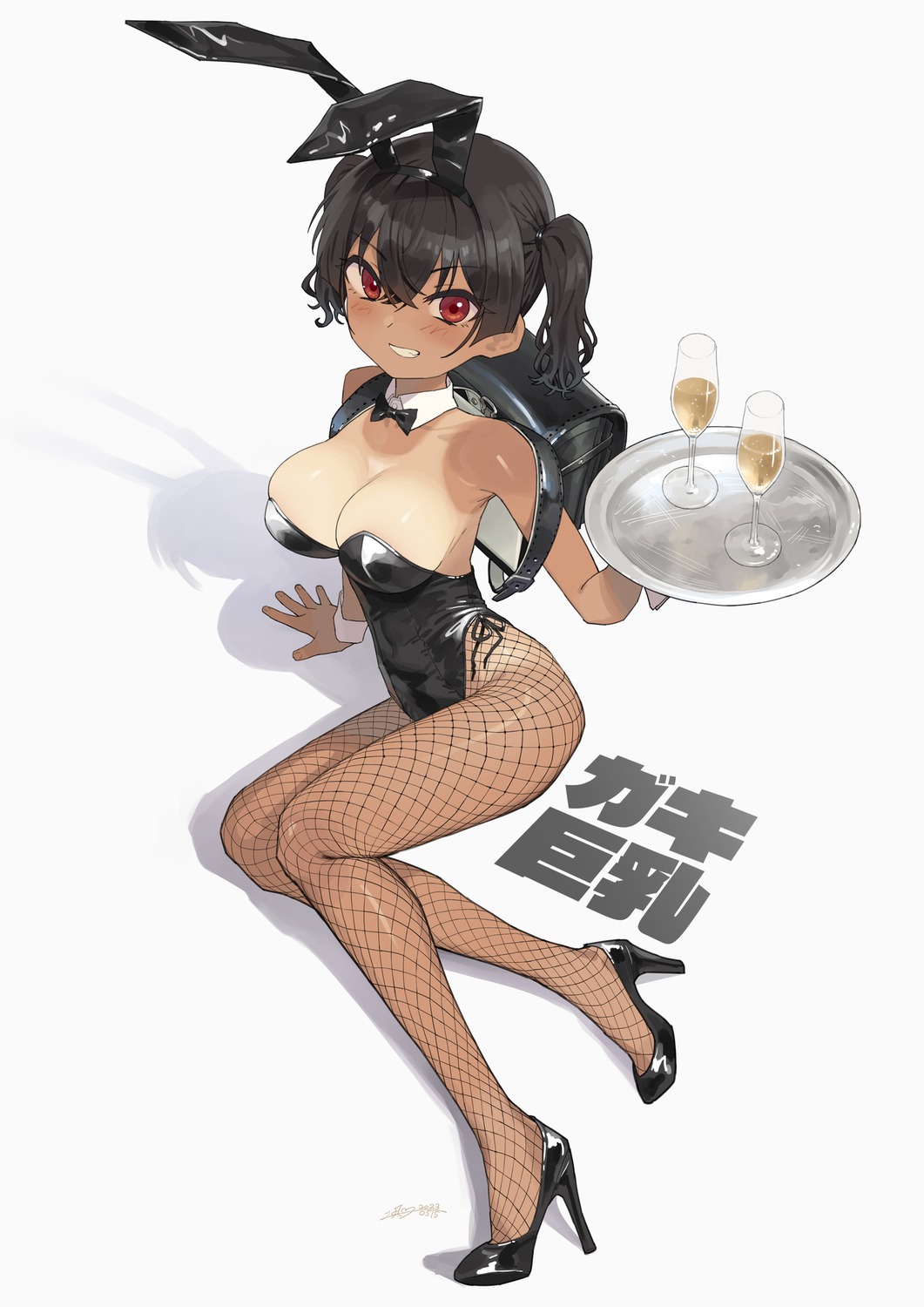 animal_ears bunny_ears bunny_girl fishnets gaki_kyonyuu heels kaedeko_(kaedelic) no_bra pantyhose sasaki_kanna tan_lines waitress